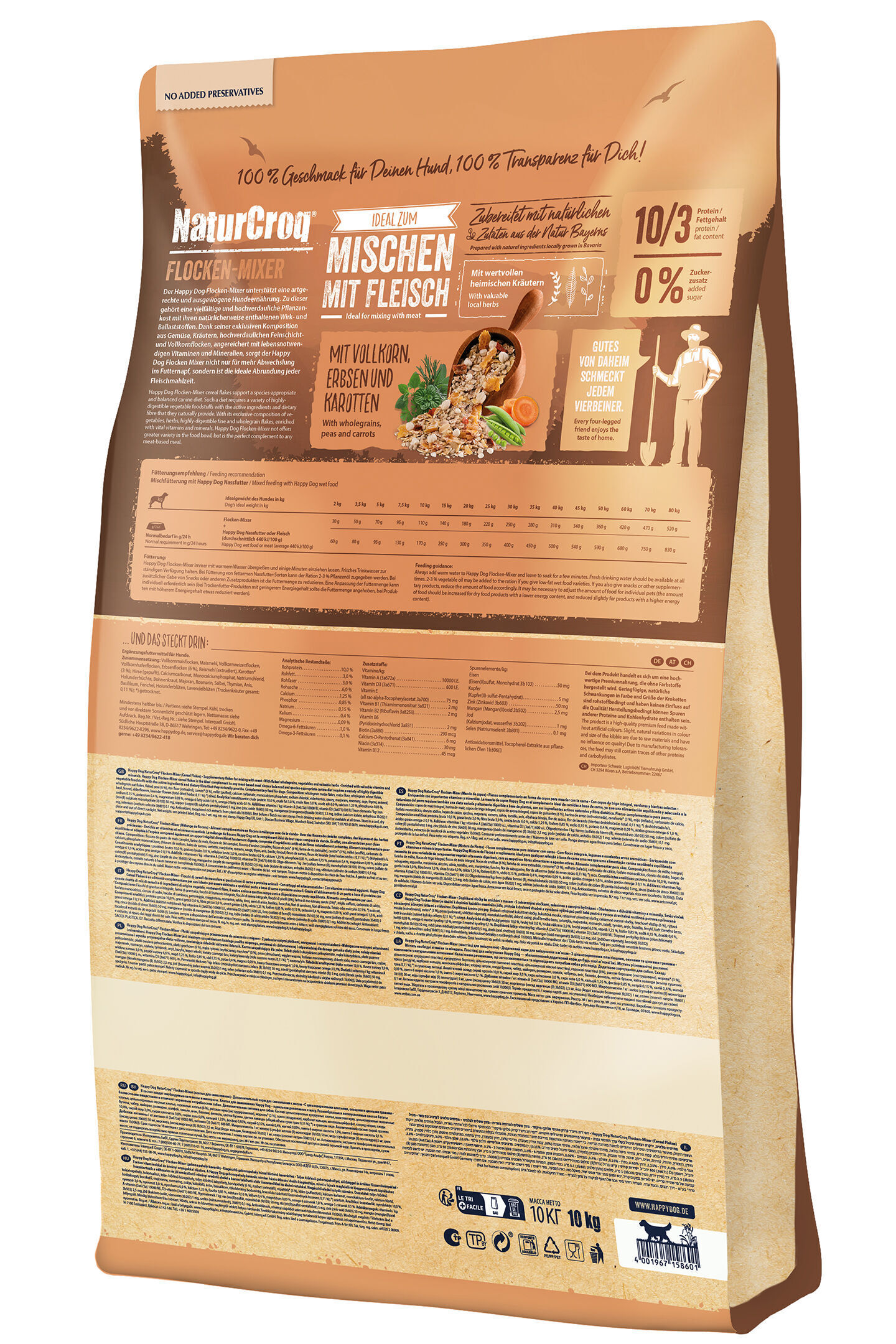 Hundetrockenfutter-Verpackung „Happydog NaturCroq Flocken-Mixer“ zeigt Getreide, Erbsen und Karotten zum Mischen mit Fleisch. Enthält Hinweise zur Verwendung und Nährwerttabelle.