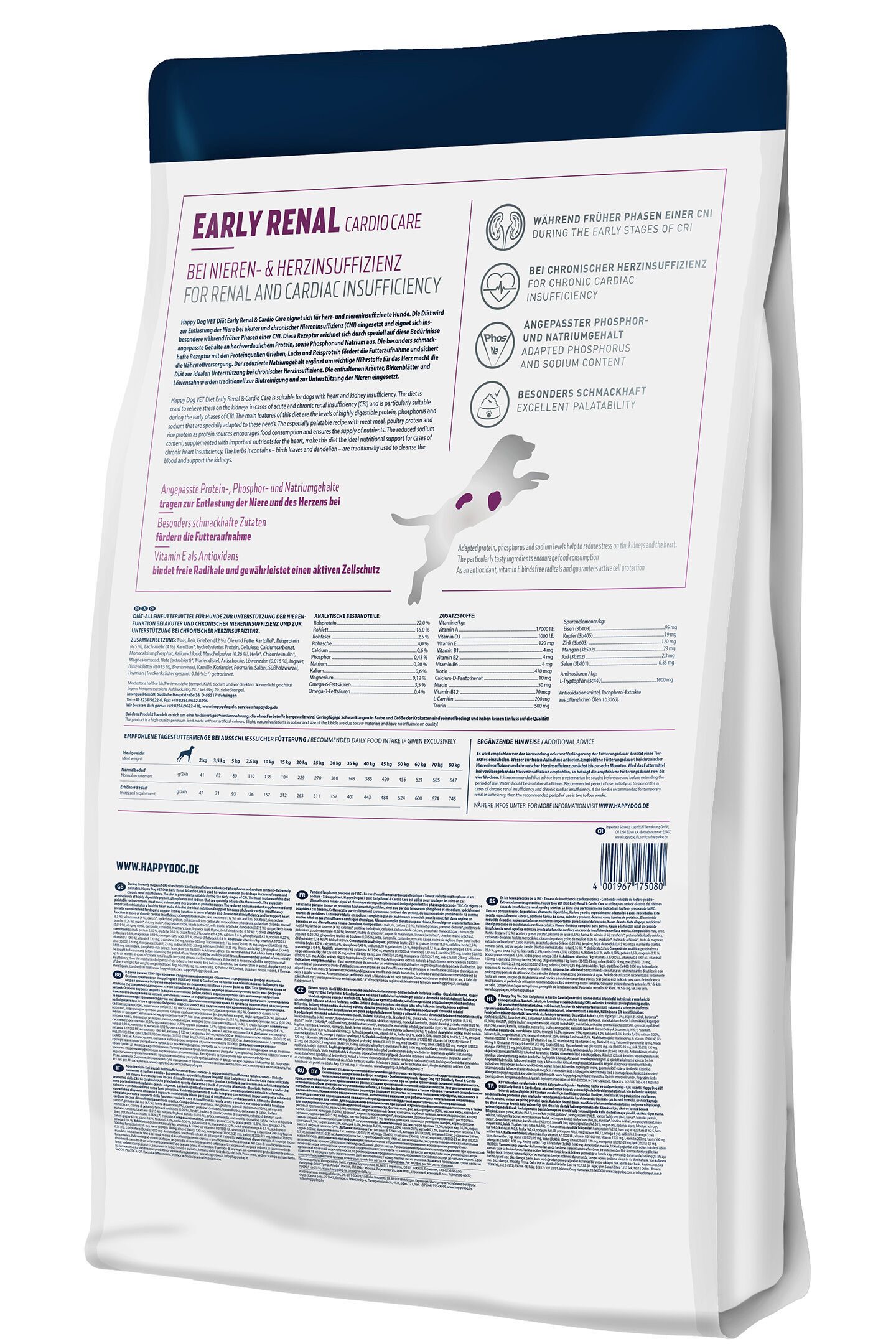 Eine Verpackung von Happydog "Early Renal Cardio Care" für Hunde zeigt detaillierte Fütterungshinweise und Zusammensetzungsinformationen. Sie ist speziell für Nieren- und Herzinsuffizienz entwickelt.