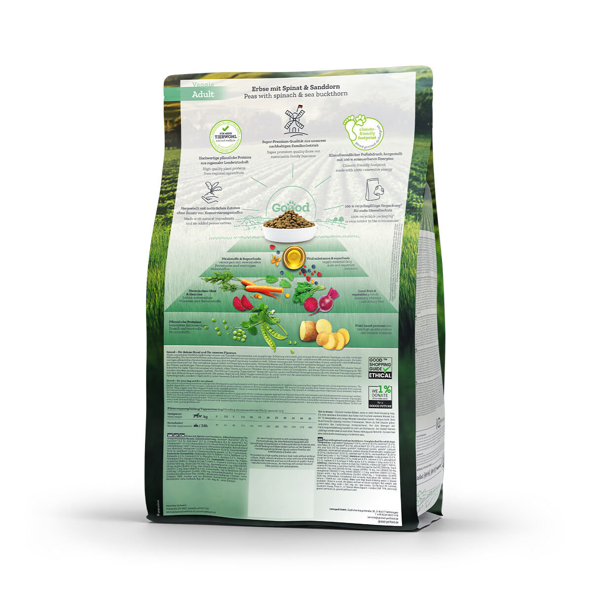 Verpackung für veganes Hundefutter; zeigt Zutaten wie Erbsen, Spinat und Sanddorn. Text beschreibt Tierwohl, nachhaltige Produktion, hohe Proteinqualität. Marke Happydog nicht sichtbar.