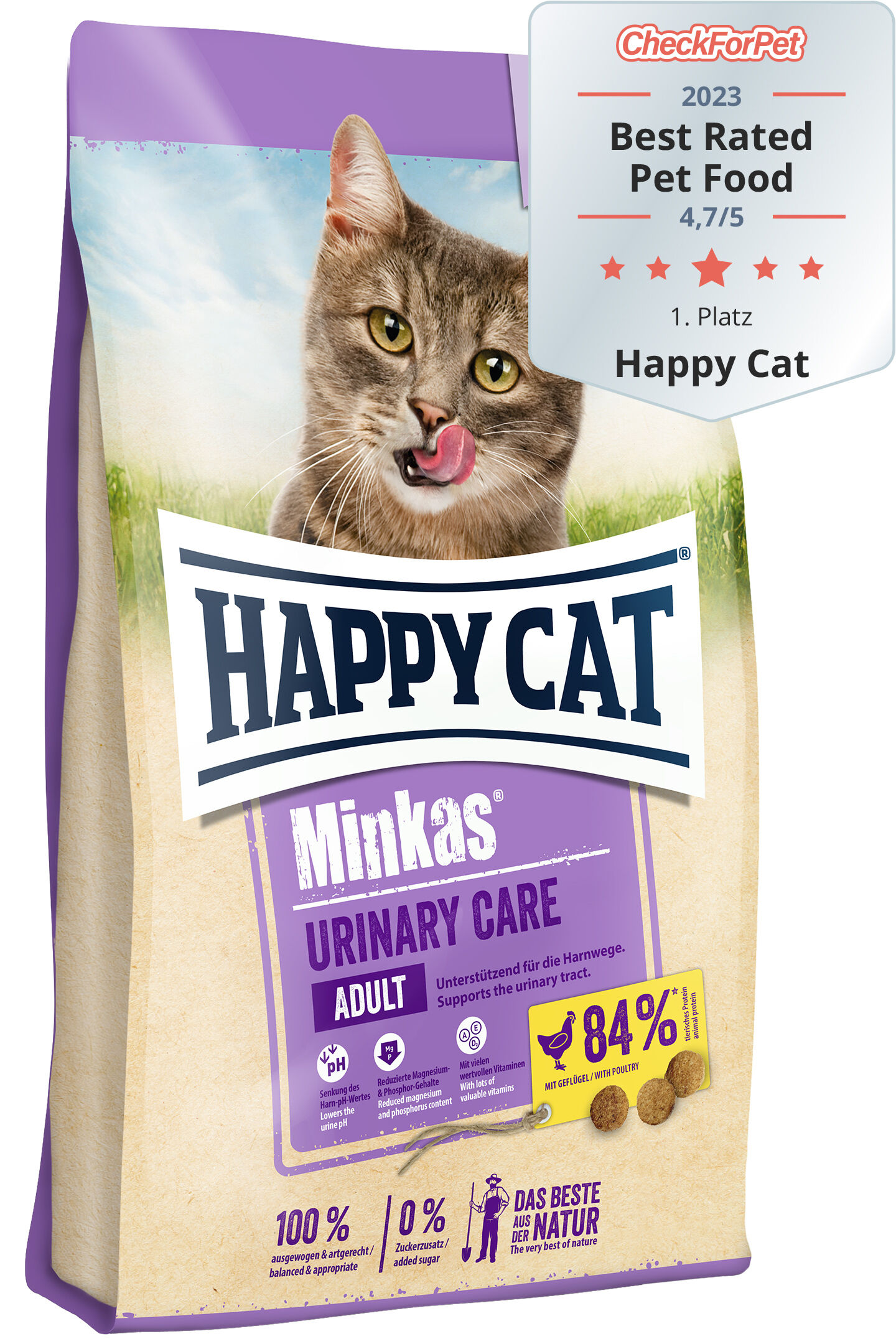 Eine Katzenfutterpackung zeigt eine Katze mit heraushängender Zunge und der Marke "Happy Cat Minkas Urinary Care". Bewertung: "Best Rated Pet Food 2023, 4,7/5, 1. Platz".