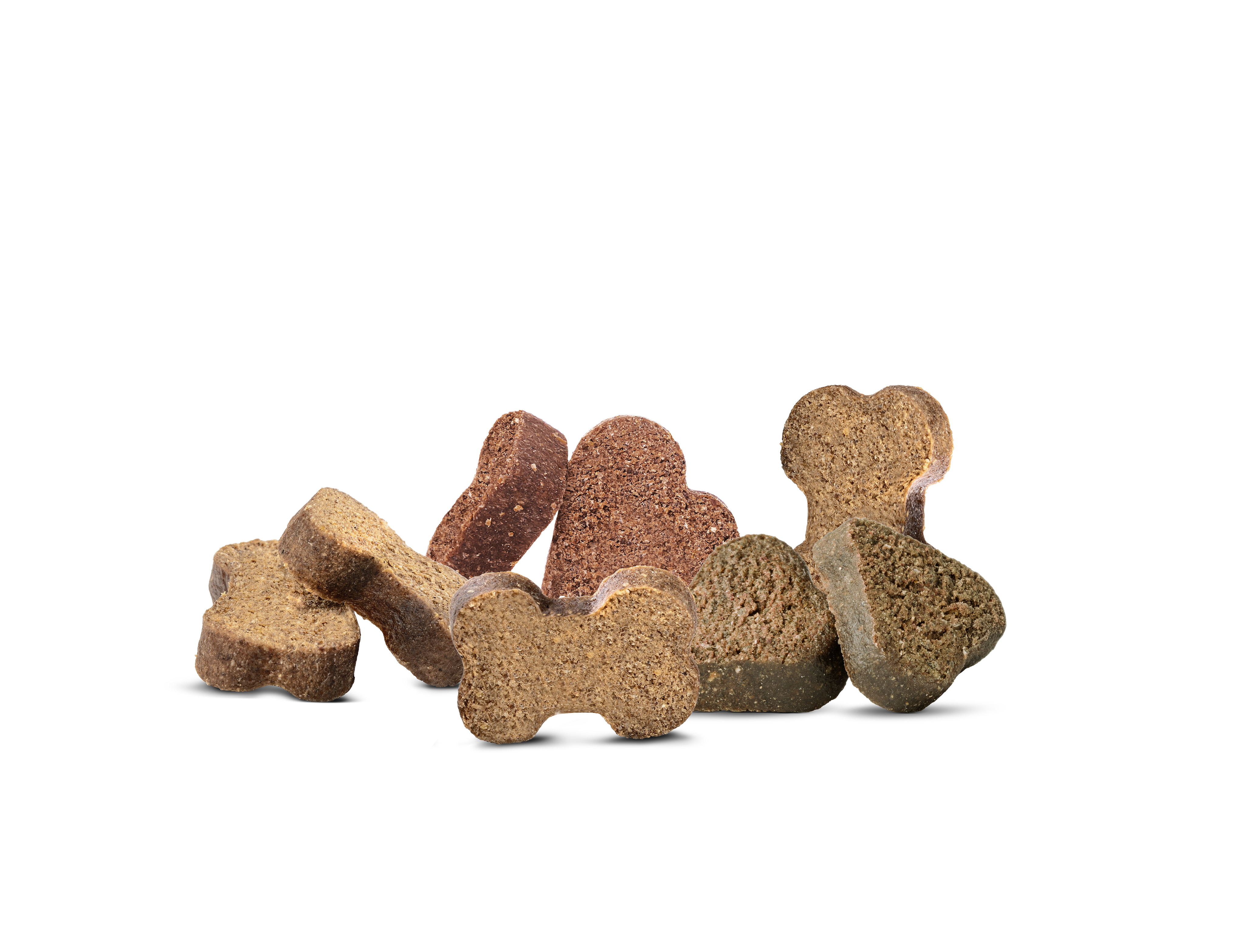 Auswahl an Mini Snacks für kleine Hunde in Knochenform und Herzform.