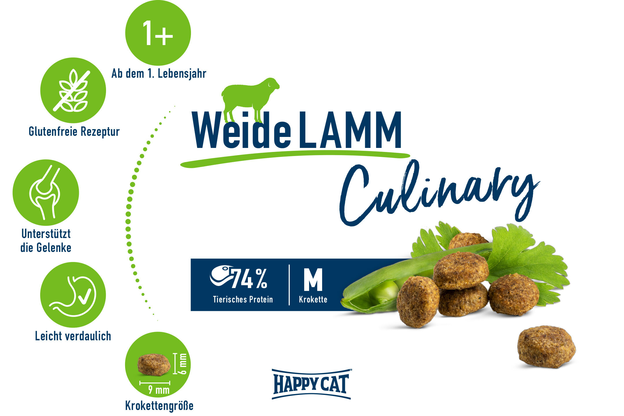Trockenfutter "Happy Cat Weide Lamm Culinary" mit glutenfreier Rezeptur, unterstützt Gelenke, leicht verdaulich, enthält 74% tierisches Protein, geeignet ab dem 1. Lebensjahr.