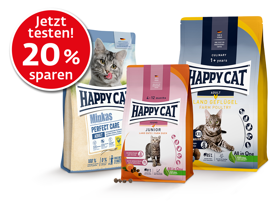 Drei verschiedene Trockenfutterpackungen von Happy Cat mit 20 % Rabatt Sticker