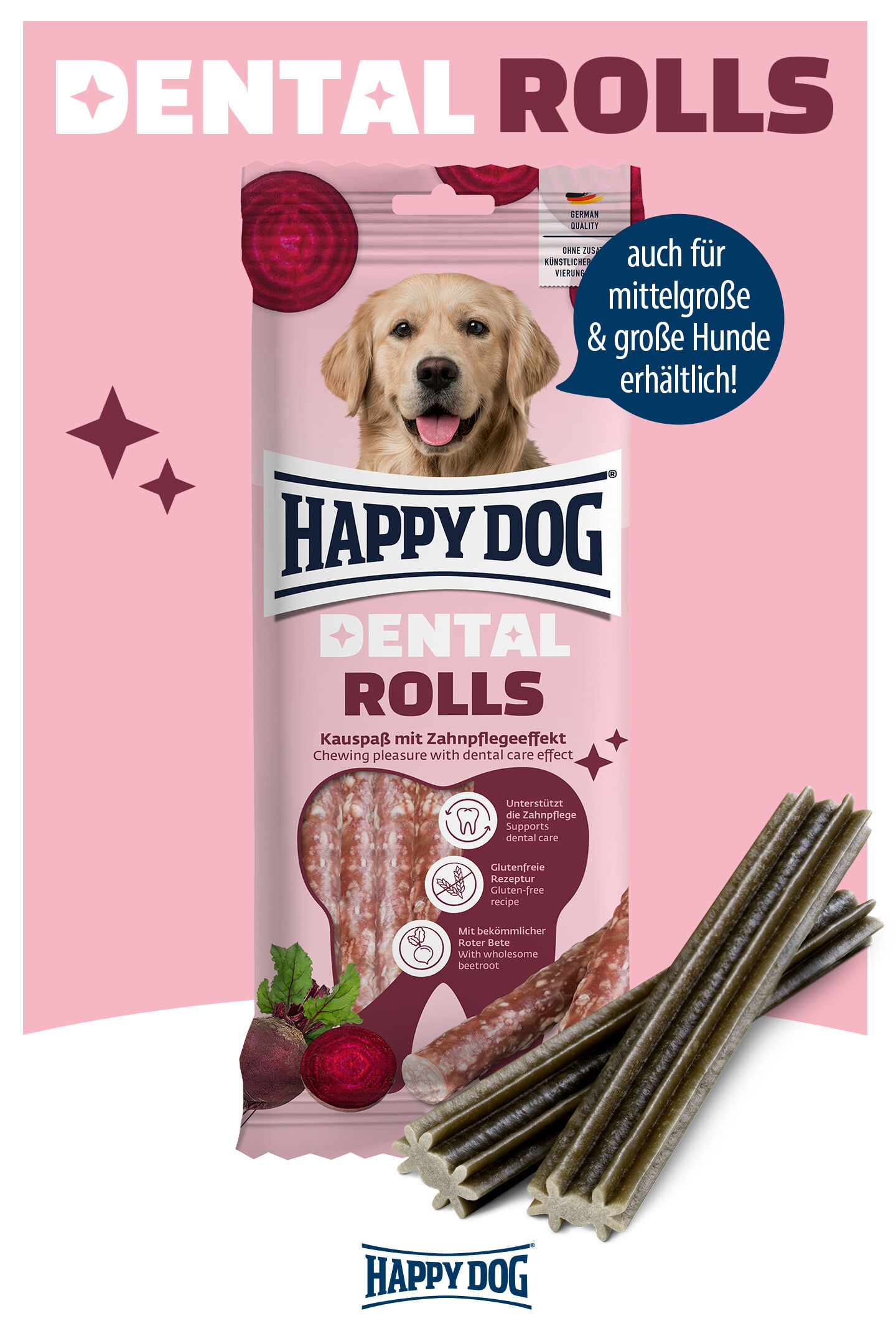 Präsentation der Variante der Dental Rolls Kaustangen von Happy Dog mit Zahnpflegeeffekt für mittelgroße und große Hunde