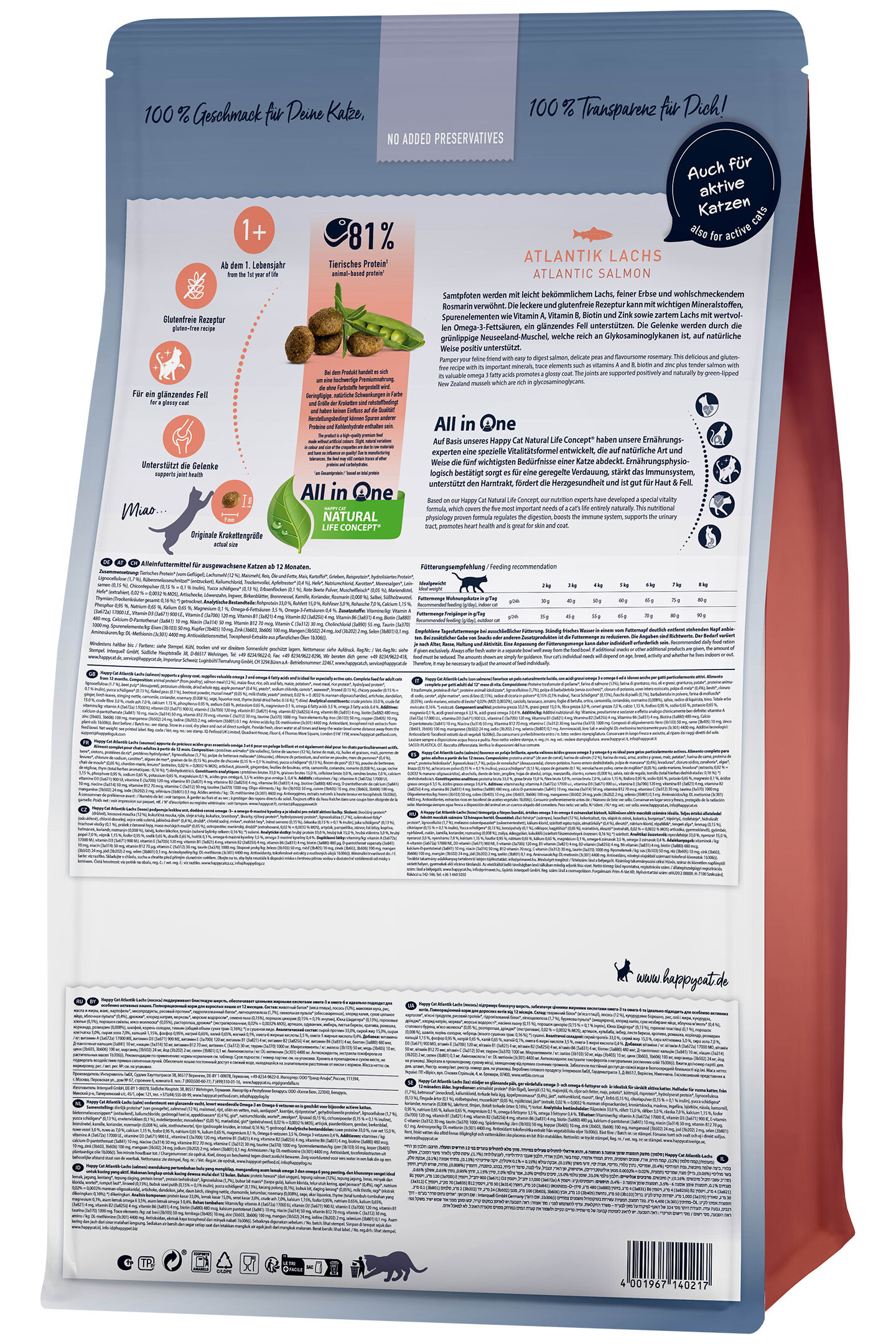 Katzenfutter-Verpackung mit Text zu Zutaten und Nutzungshinweisen. EnthƤlt Informationen zu tierischem Protein (81%), All-in-One-Konzept, OriginalgrƶĆe der Kroketten. Text in Deutsch und Englisch.