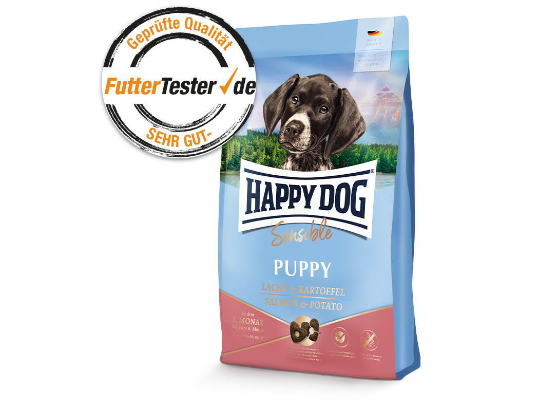Darstellung der Produktverpackung von Happy Dog Sensible Puppy. Die Auszeichnung von FutterTester mit der Note Sehr Gut ist auch abgebildet.