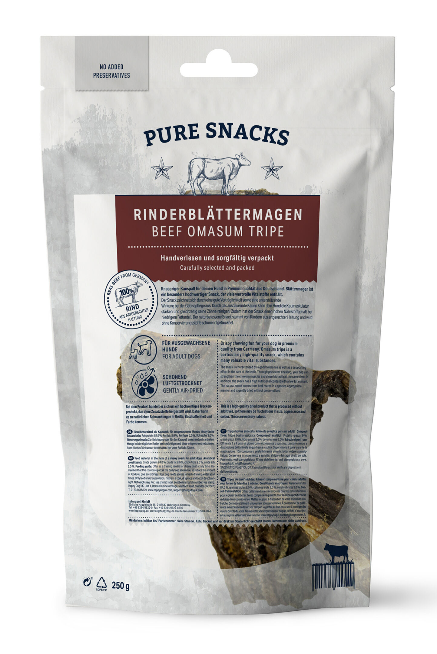 Verpackung mit der Aufschrift "Pure Snacks Rinderblättermagen, handverlesen, sorgfältig verpackt", für erwachsene Hunde. Enthält luftgetrocknete Rindersnacks, ohne Konservierungsstoffe. Gewicht 250g. Happydog ist nicht abgebildet.