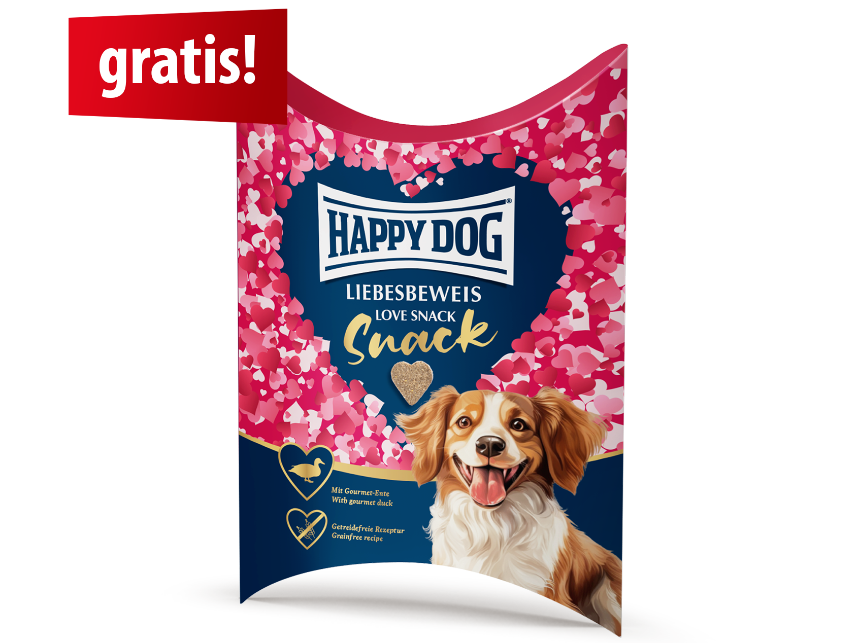 Eine Packung des Happy Dog Valentinssnack "Liebesbeweis" mit einem lächelnden Hund und eine große Anzahl an angeordneten Herzen.
