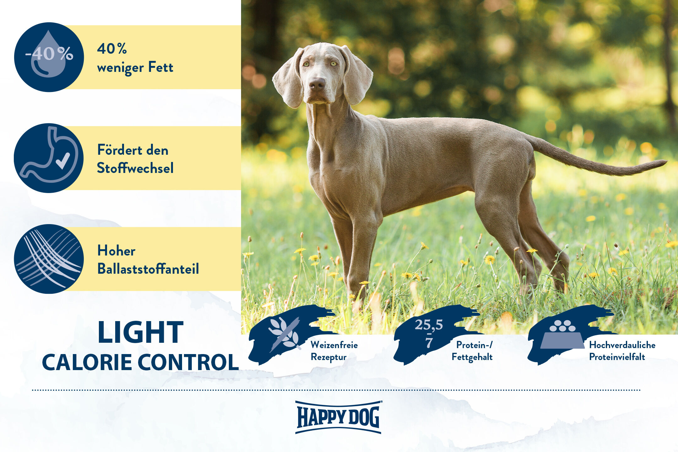 Großer, grauer Hund steht in grünem Feld. Text: "-40% weniger Fett, fördert den Stoffwechsel, hoher Ballaststoffanteil, Light Calorie Control, weizenfreie Rezeptur, 25,5/7 Protein-/Fettgehalt, hochverdauliche Proteinvielfalt". Happy Dog-Logo.