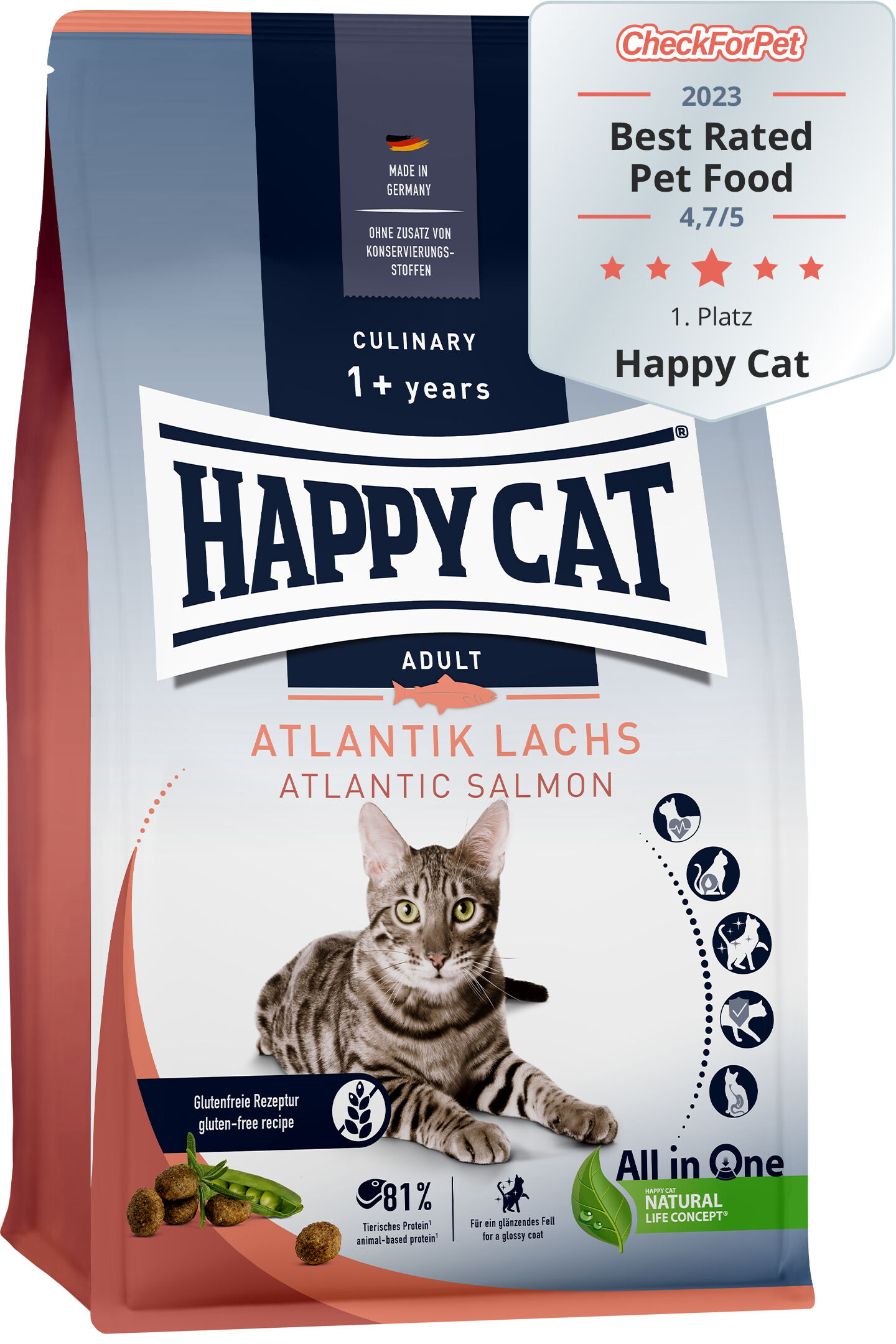 Eine Verpackung mit Happy Cat Katzenfutter: Atlantilachs-Design, zeigt eine Katze. Text: "Made in Germany, Ohne Zusatz von Konservierungsstoffen, Best Rated Pet Food 2023, 1. Platz Happy Cat."