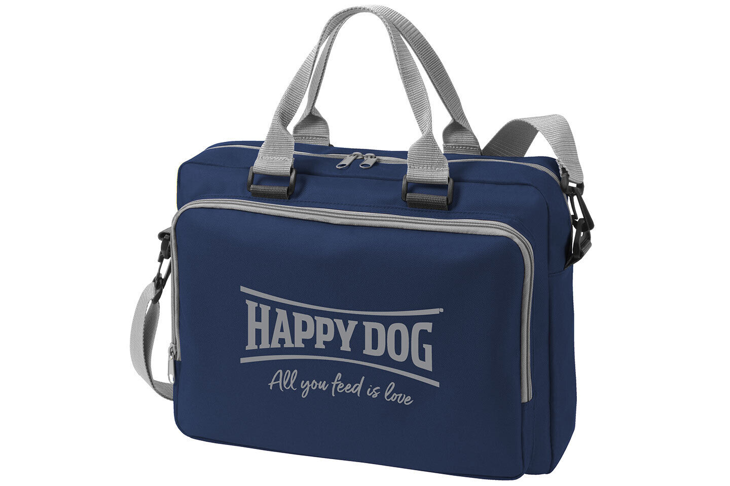 Umhängetasche Blaue Tasche mit grauen Trägern und Reißverschlüssen. Aufschrift: "HAPPY DOG All you feed is love".