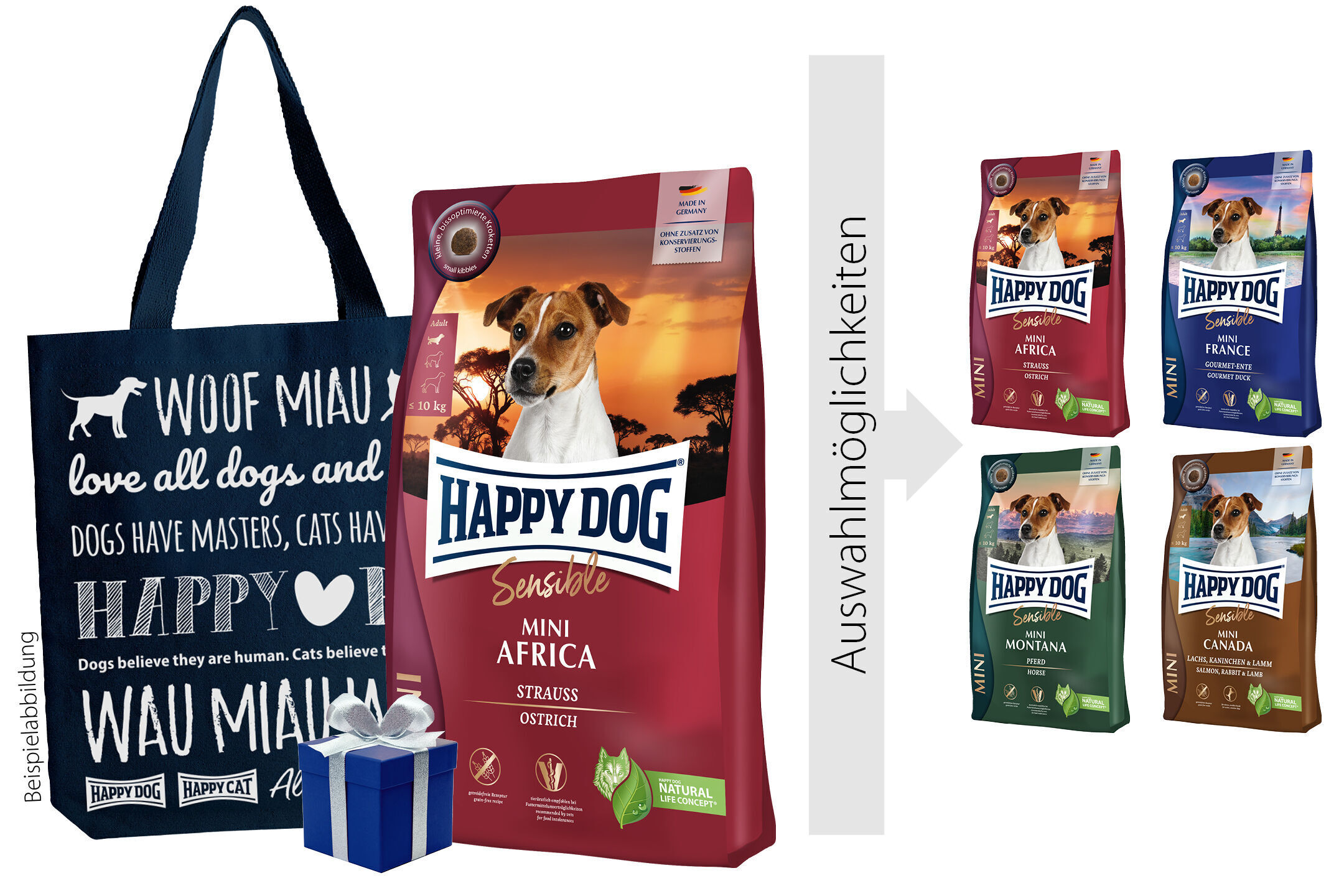 Tragetasche mit Hunde- und Katzenspruch, großer HappyDog-Futtersack mit Hundeabbildung im Vordergrund, rechts verschiedene, kleinere Futtersäcke zur Auswahl.