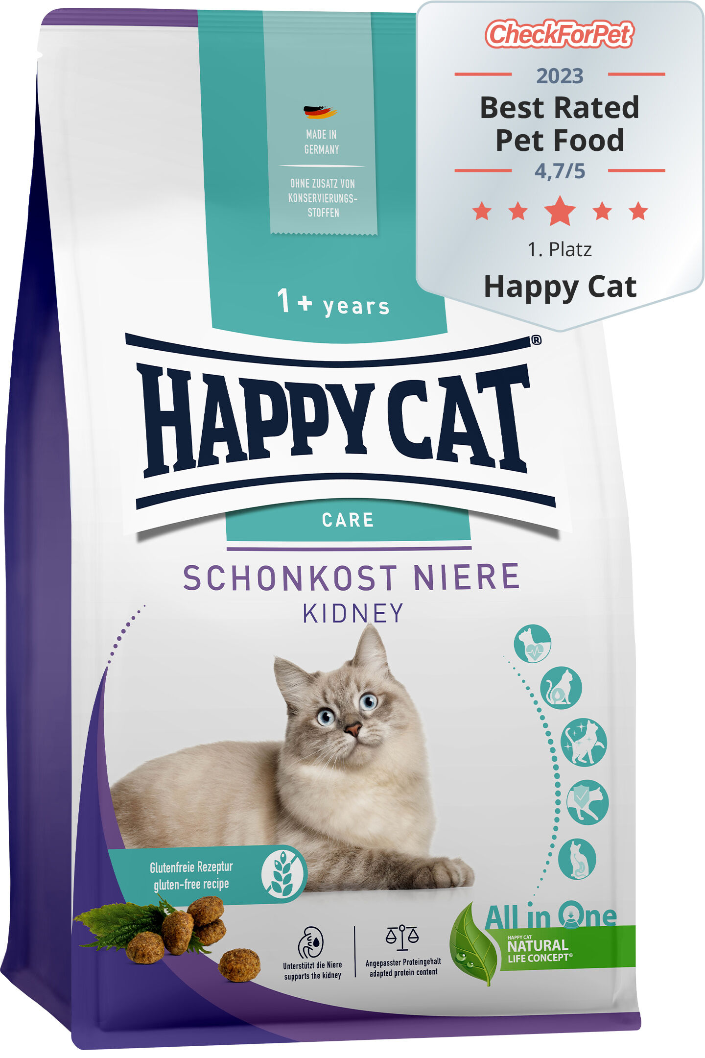 Verpackung von „Happy Cat“ Trockenfutter mit Katzenmotiv, Auszeichnung „Best Rated Pet Food 2023“, glutenfrei, unterstützt Niere, Details zu deutschen Herstellung und Verzicht auf Konservierungsstoffe.