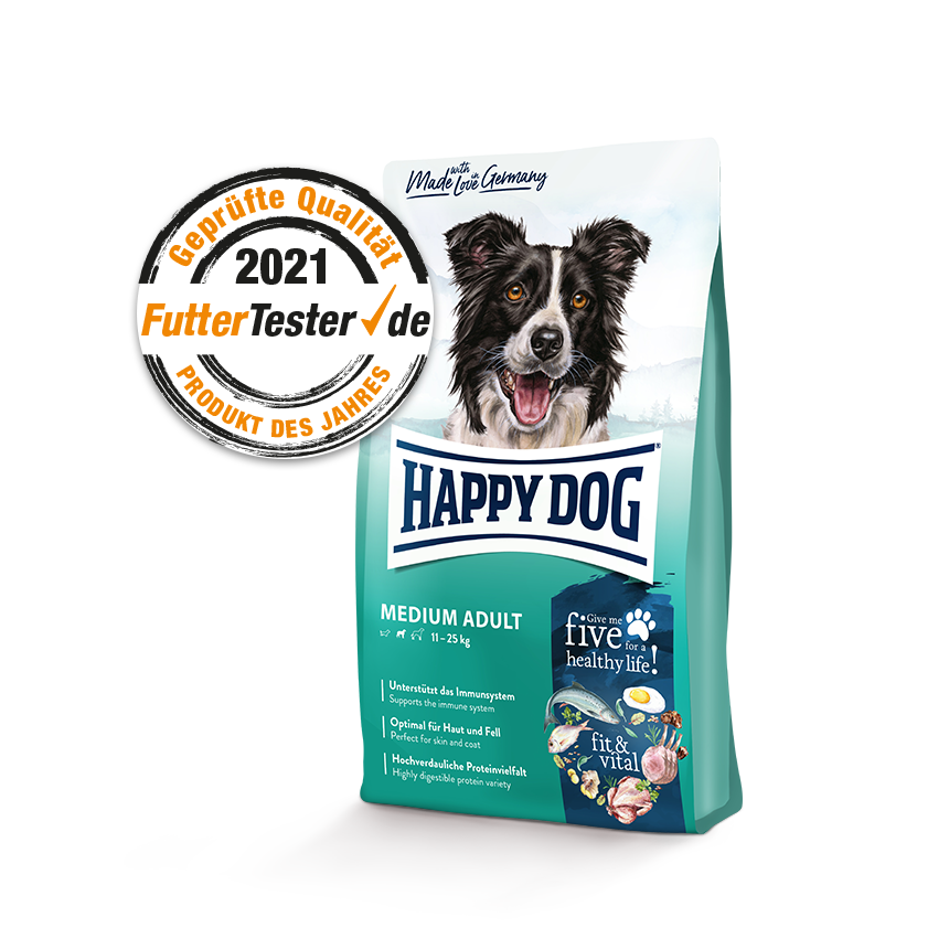 Darstellung der Produktverpackung von Happy Dog fit&vital in der Sorte Medium Adult. Die Auszeichnung von FutterTester für das Produkt des Jahres 2021 ist beigefügt.