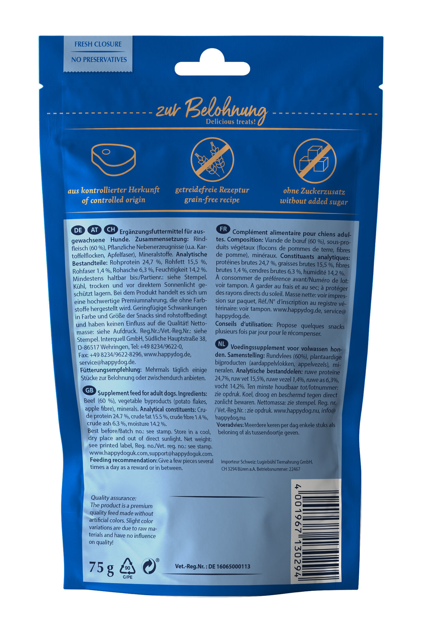 Die blaue Verpackung von Happydog zeigt detaillierte Informationen über Zusammensetzung, analytische Bestandteile und Fütterungsempfehlung für adult Hunde auf Deutsch, Englisch, Französisch und Niederländisch.