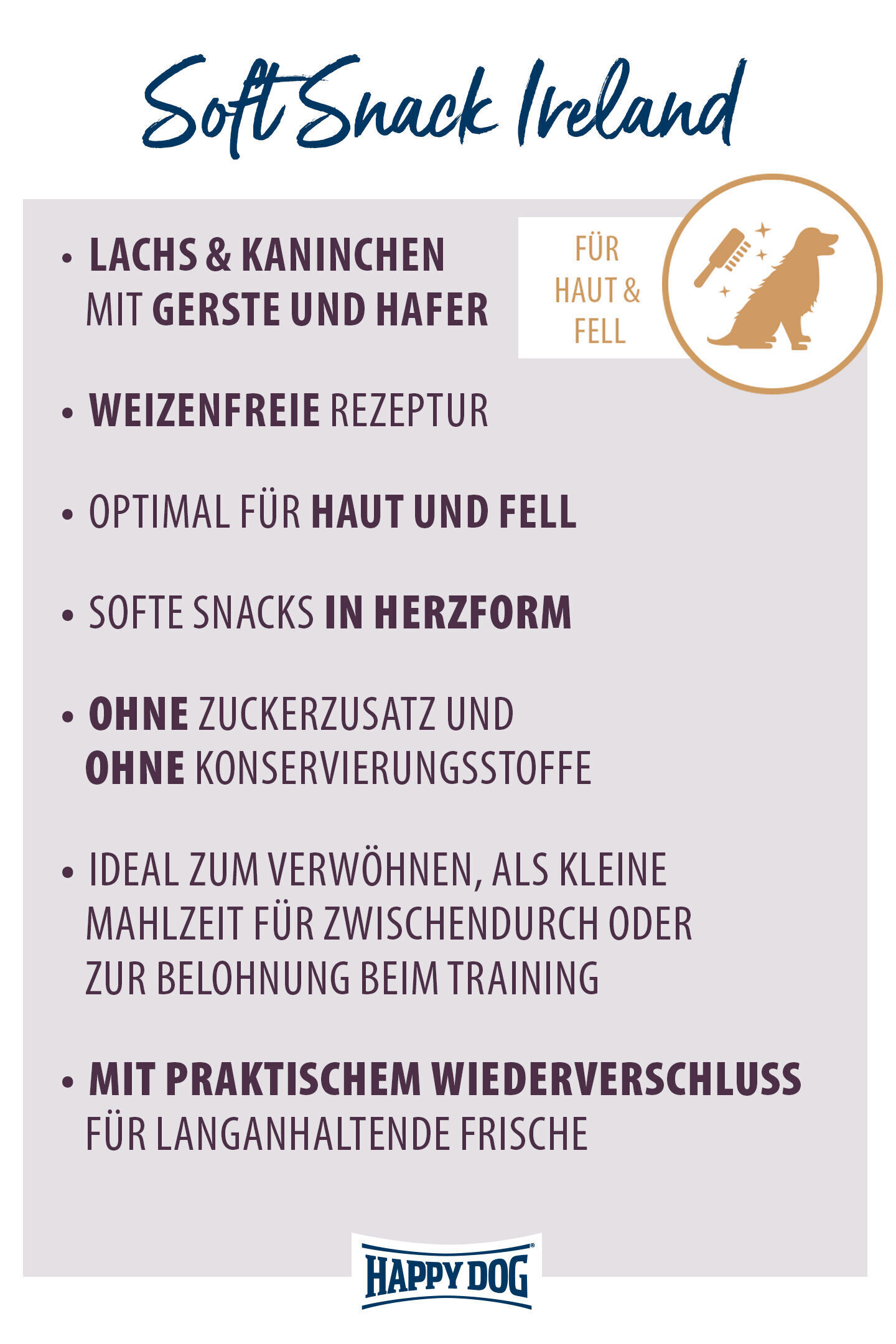 Das Bild zeigt eine Produktbeschreibung für "Soft Snack Ireland" von Happydog, einschließlich Zutaten wie Lachs, Kaninchen, Gerste, Hafer; weizenfrei; fördert Haut und Fell; enthält keine Konservierungsstoffe.