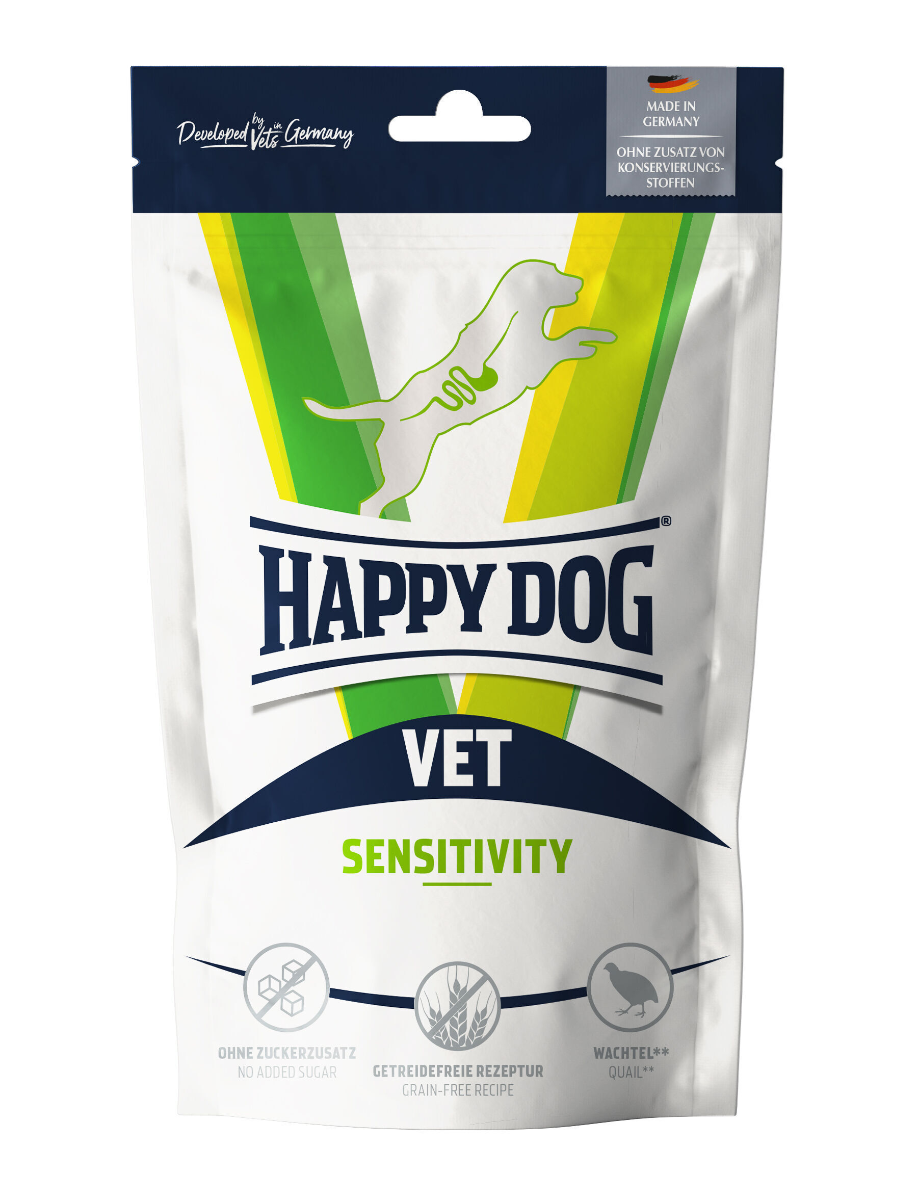 VET Snack Sensitivity Verpackung einer Futtermitteltüte mit dem Markennamen Happy Dog, zeigt ein Hundesymbol. Text: "Vet Sensitivity", "Made in Germany", "Ohne Zusatz von Konservierungsstoffen".
