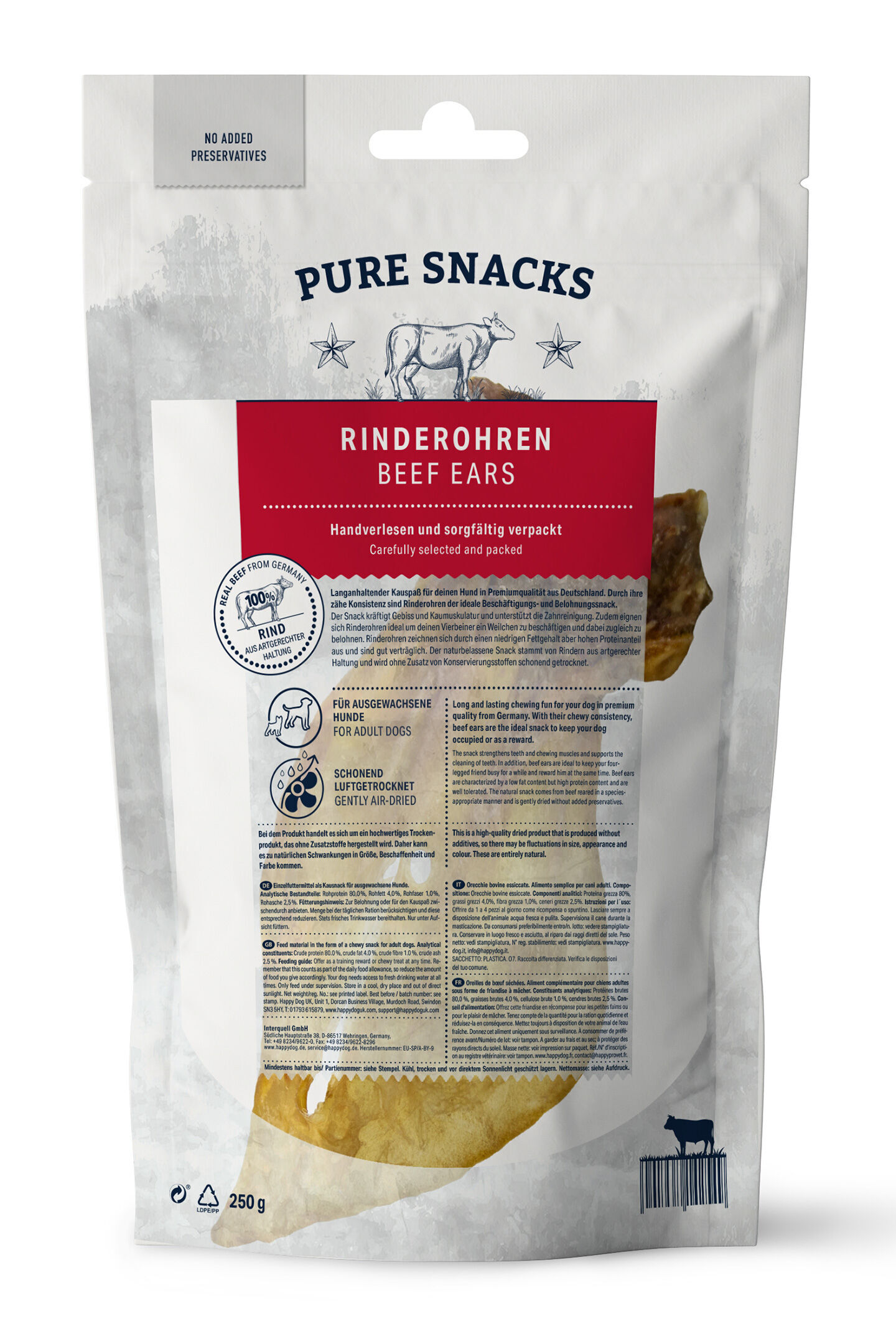 Verpackung von "Pure Snacks" Rinderohren, 250g, für ausgewachsene Hunde. Text beschreibt natürliche, luftgetrocknete Zutaten ohne Konservierungsstoffe, handverlesen und aus Deutschland stammend. Kein Bezug zu Happydog.