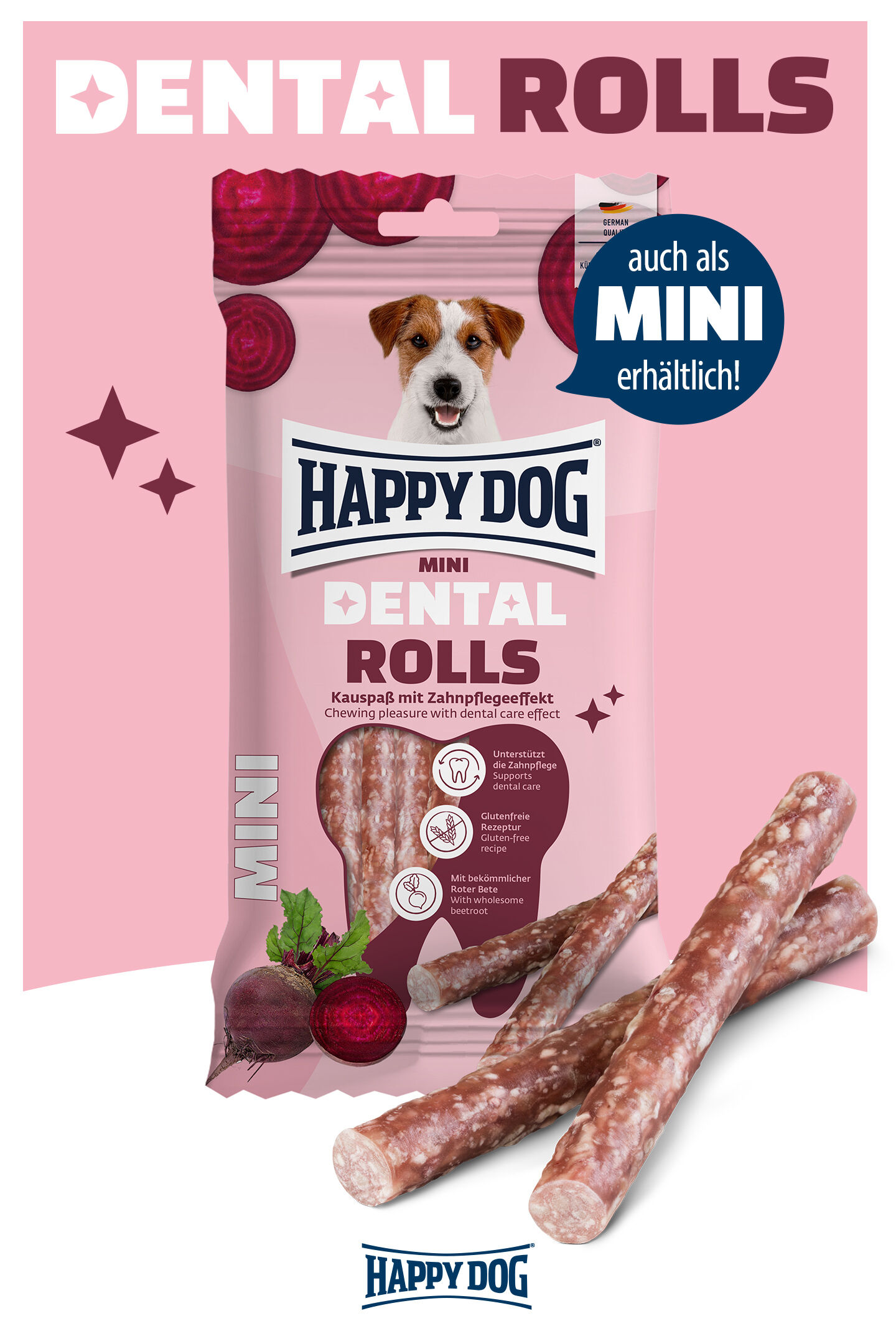 Präsentation der Mini-Variante der Dental Rolls Kaustangen von Happy Dog mit Zahnpflegeeffekt für Hunde