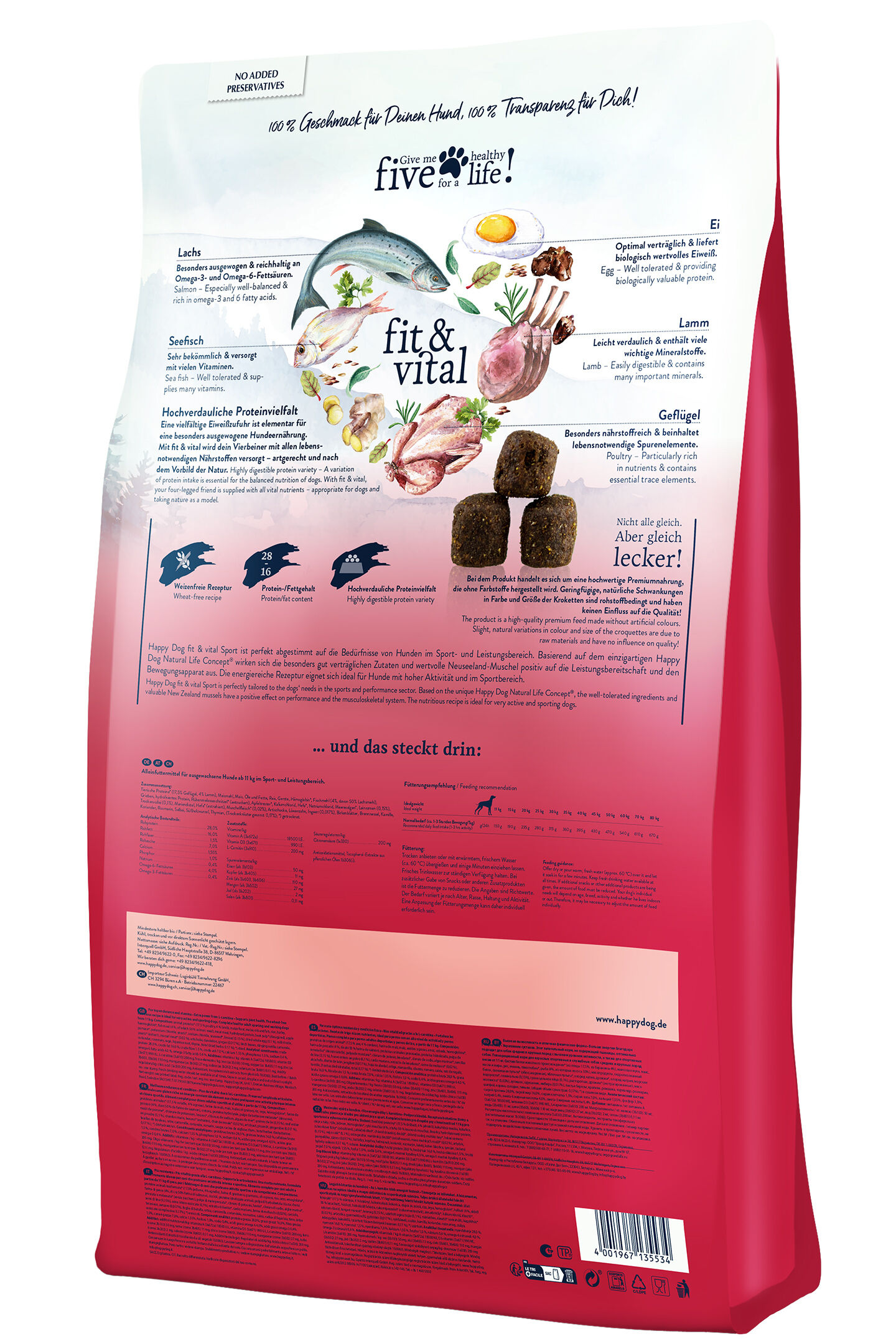 Rote Verpackung für Hundefutter der Marke Happydog mit Grafiken von Fleisch und Fischen. Der Text beschreibt Zutaten wie Lachs, Seefisch, Lamm und Geflügel.