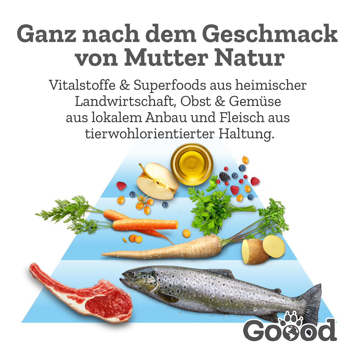 Verschiedene Lebensmittel wie Fisch, Fleisch, Gemüse und Obst liegen pyramidenförmig angeordnet. Text: „Ganz nach dem Geschmack von Mutter Natur... nachhaltiger Aquakultur. Goood."