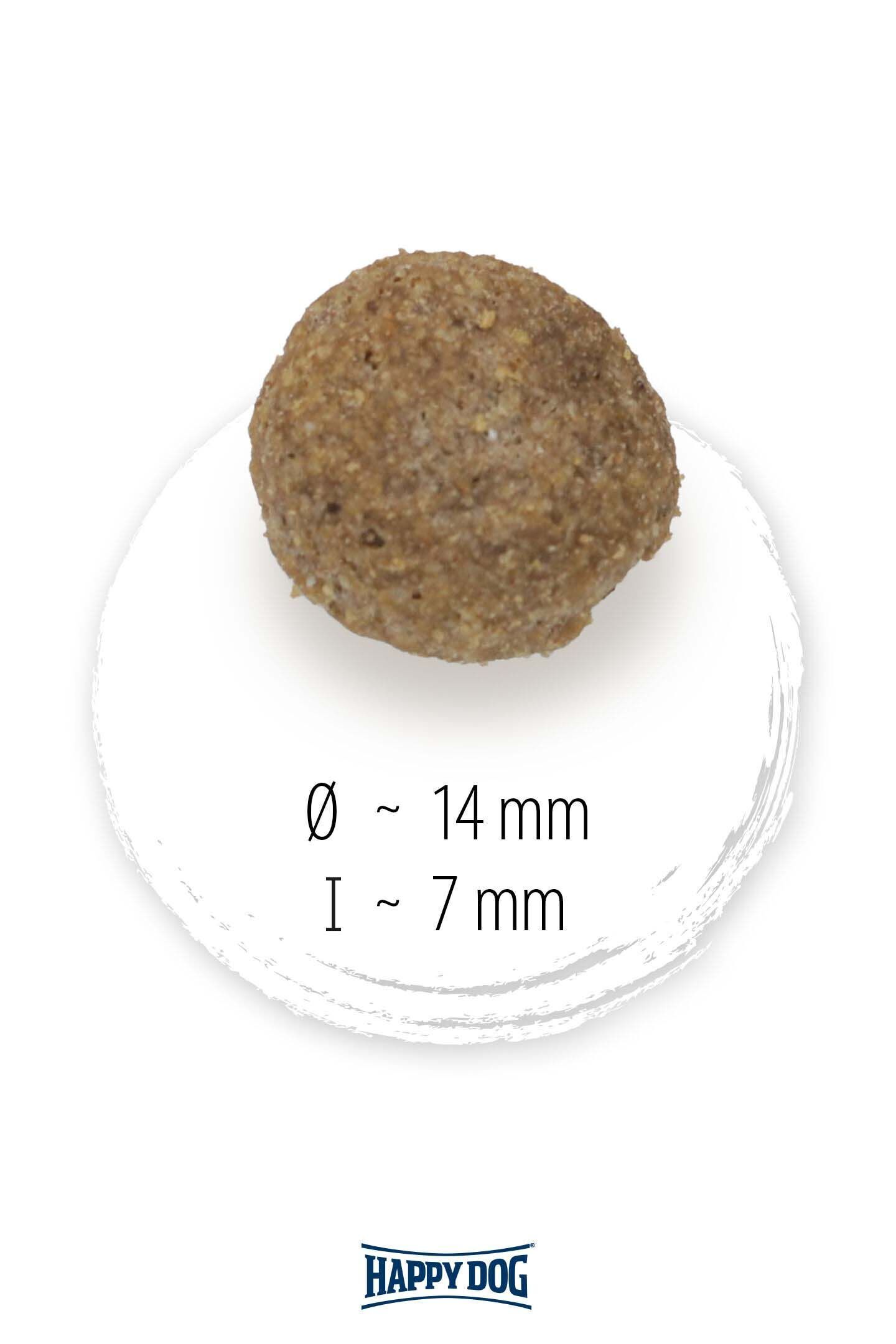 Hundefutterkugel von Happydog, mit Durchmesser etwa 14 mm und Höhe etwa 7 mm, vor weißem Hintergrund dargestellt.