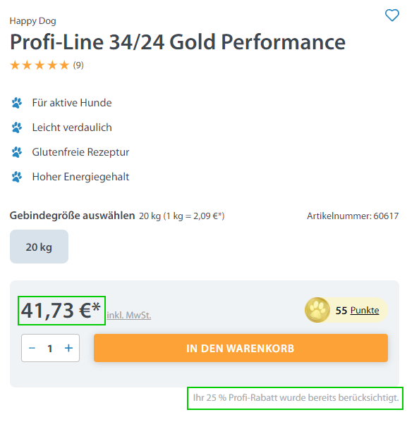 Screenshot eines Produkts im Online-Shop von Happy Dog, mit Rabatt.
