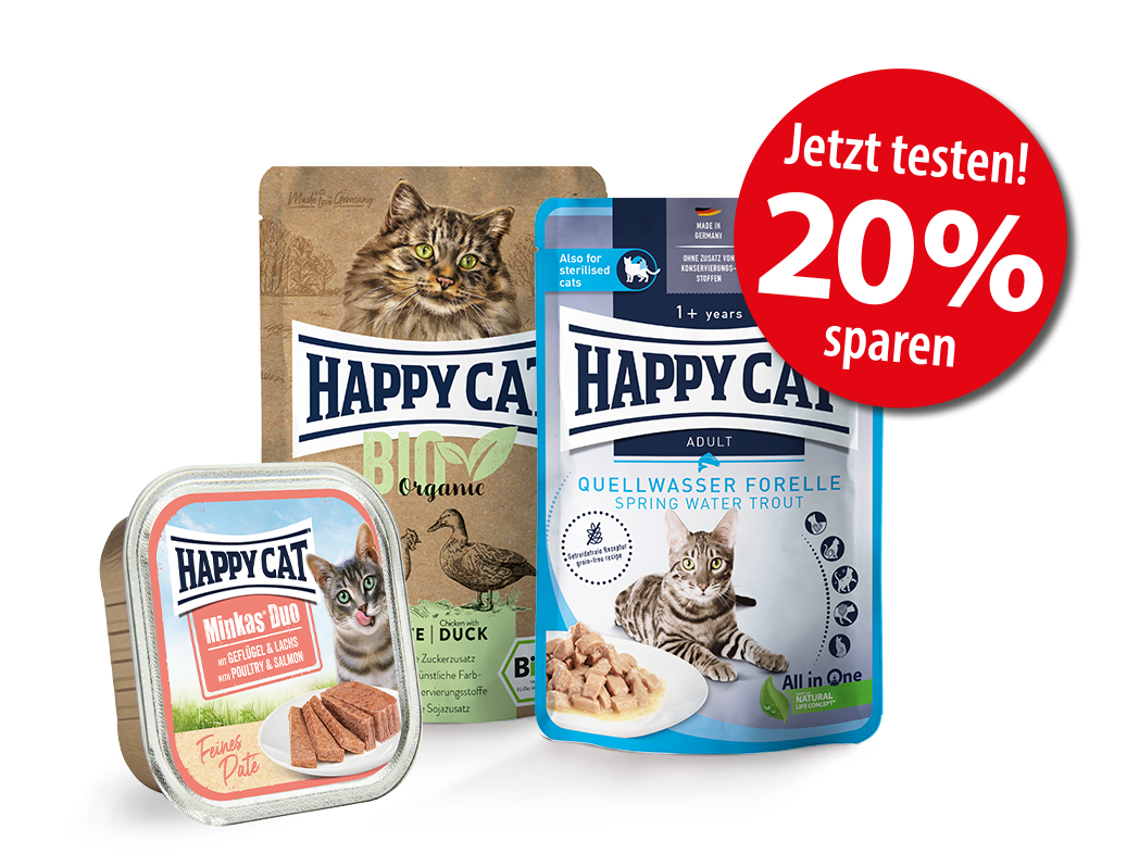 Drei verschiedene Nassfutterpackungen von Happy Cat mit 20% Rabatt Sticker