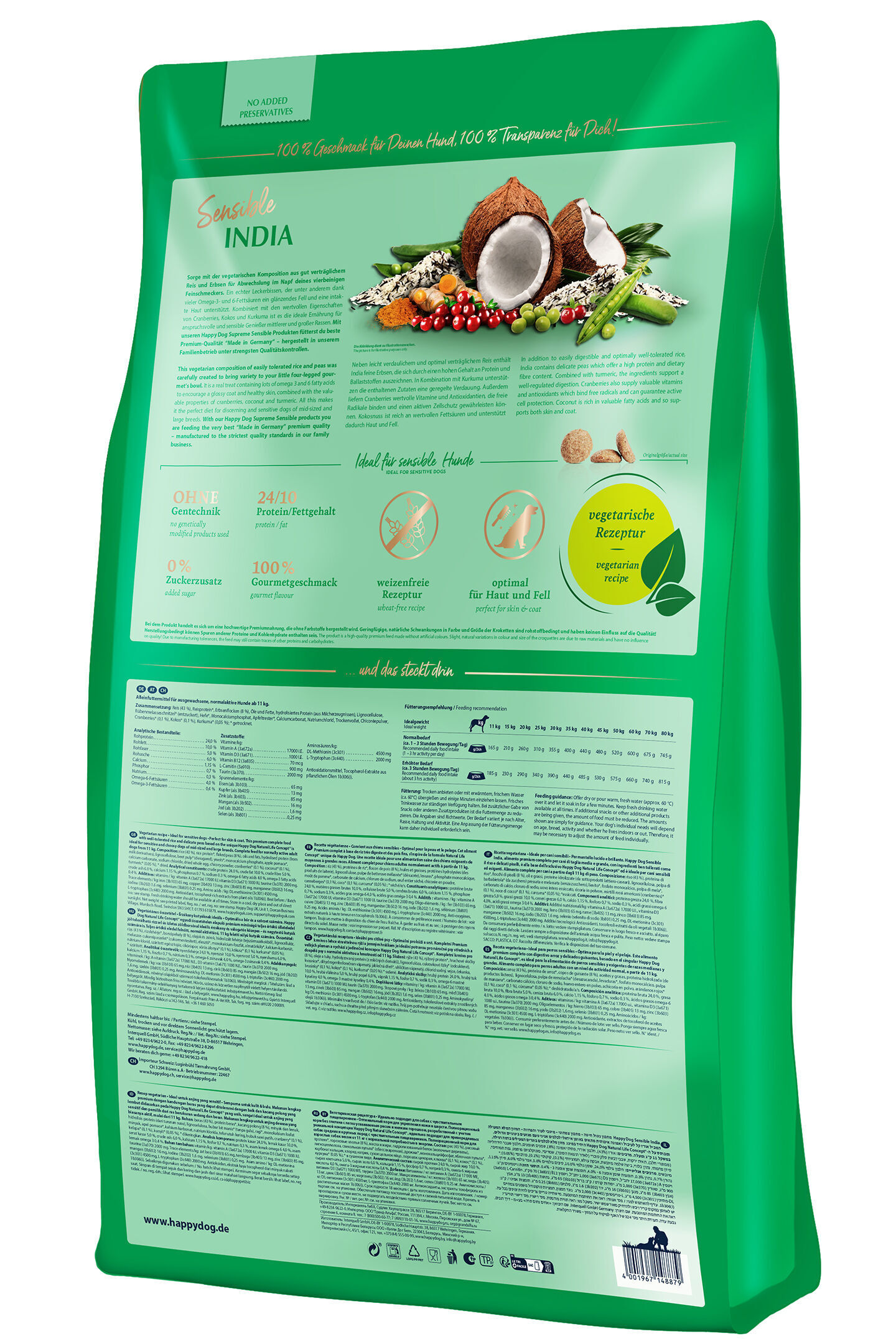 Eine grüne Verpackung von Happydog mit Text über Inhaltsstoffe, Fütterungsempfehlungen und Angaben zu einer vegetarischen Rezeptur für Hundetrockenfutter.