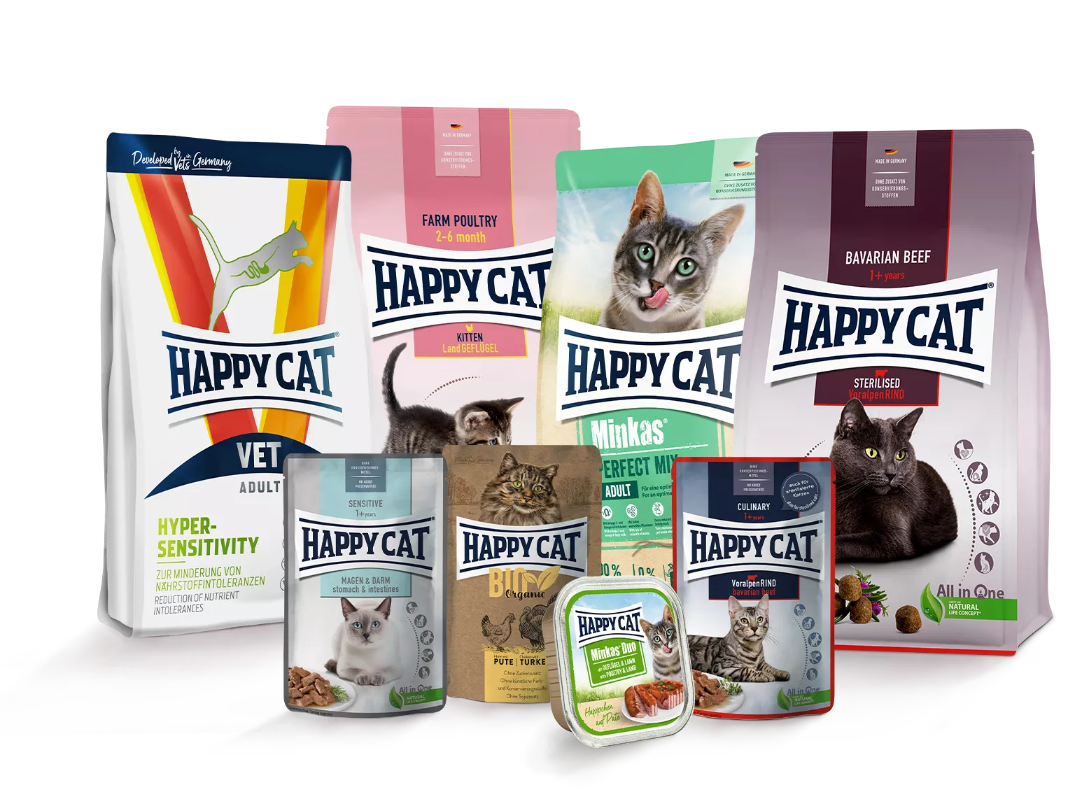 8 unterschiedliche Happy Cat Futtersorten