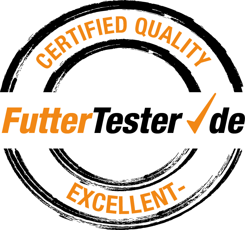 Stempel zeigt den Text: "FutterTester.de", "CERTIFIED QUALITY", "EXCELLENT". Wird als Qualitätszeichen für Produkte verwendet.