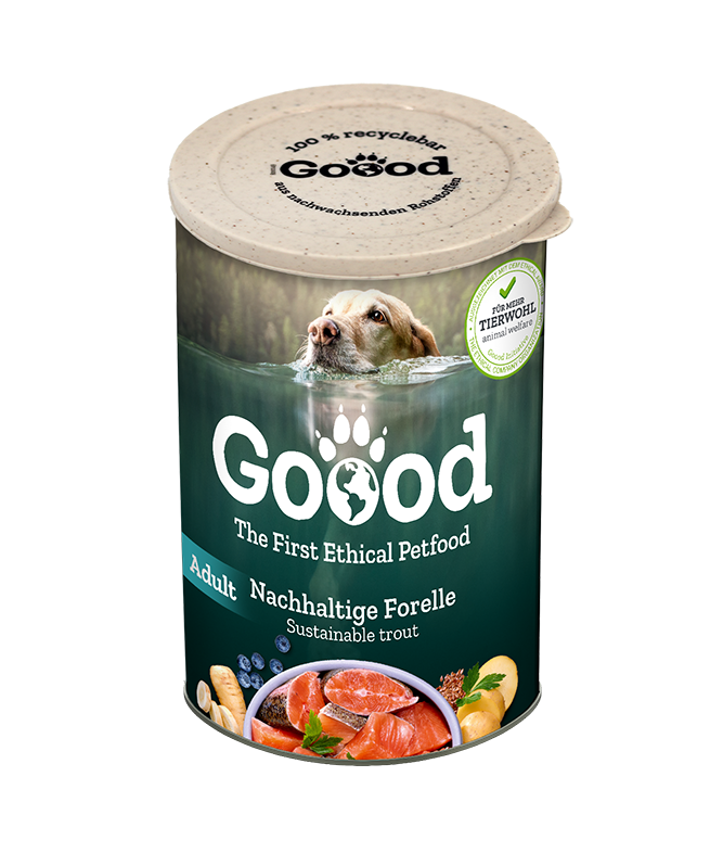 Dose mit Hundebild, Petfood-Text "Goood The First Ethical Petfood, Adult, Nachhaltige Forelle, Sustainable trout", 100% recycelbar, , Gemüse und Fisch abgebildet, Tierwohl-Siegel.
