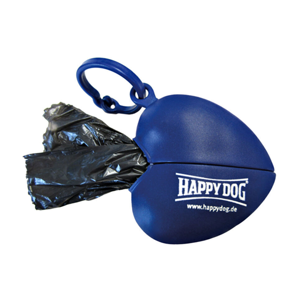 Blauer Beutelspender in Herzform mit schwarzen Plastikbeuteln, Aufschrift "Happy Dog" und www.happydog.de, ideal zum Mitführen an der Leine.