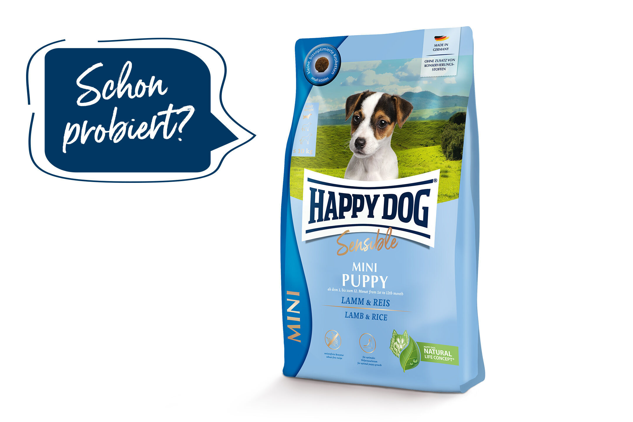 Hunde-Trockenfutter-Packung von Happydog, Sorte "Mini Puppy" mit Lamm und Reis, zeigt Bild eines Welpen; daneben Sprechblase "Schon probiert?". Textangaben über Inhaltsstoffe und Herkunft.