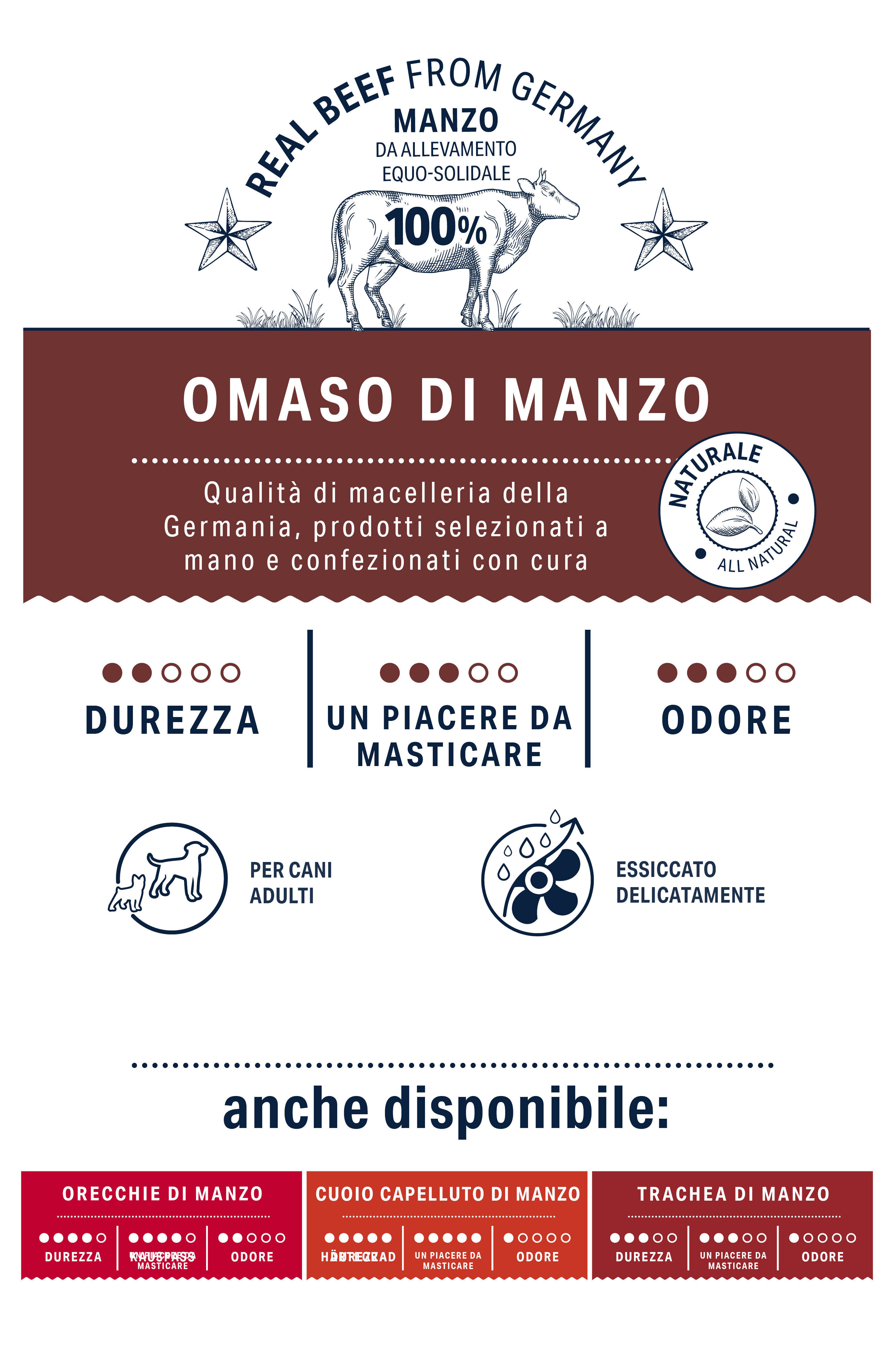 Etikett für Omaso di Manzo: 100% echtes Rindfleisch aus Deutschland, handverlesen. Für erwachsene Hunde, natürlich getrocknet, angenehm zu kauen. Weitere Produkte verfügbar: Ohren, Kopfhaut, Trachea.