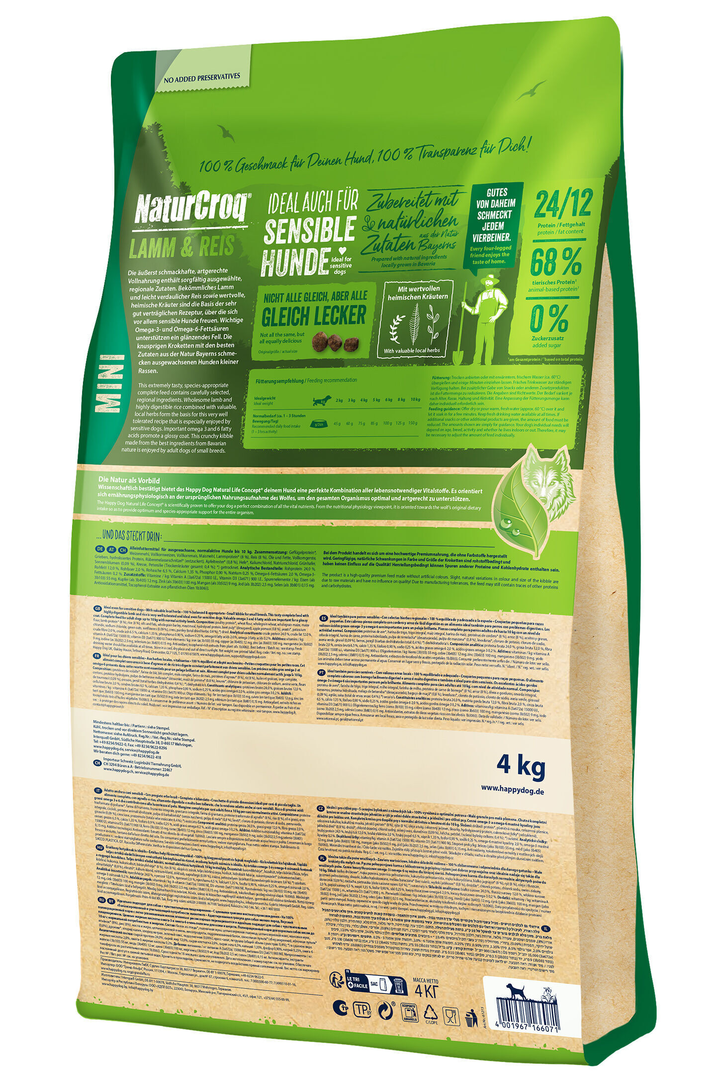 Hundetrockenfutter-Packung von Happydog in Grรผn, beschreibt Lamm-Reis-Rezeptur fรผr sensible Hunde, inklusive Fรผtterungsempfehlungen und Zutatenliste. Gewicht: 4 kg. Webseite: www.happydog.de.