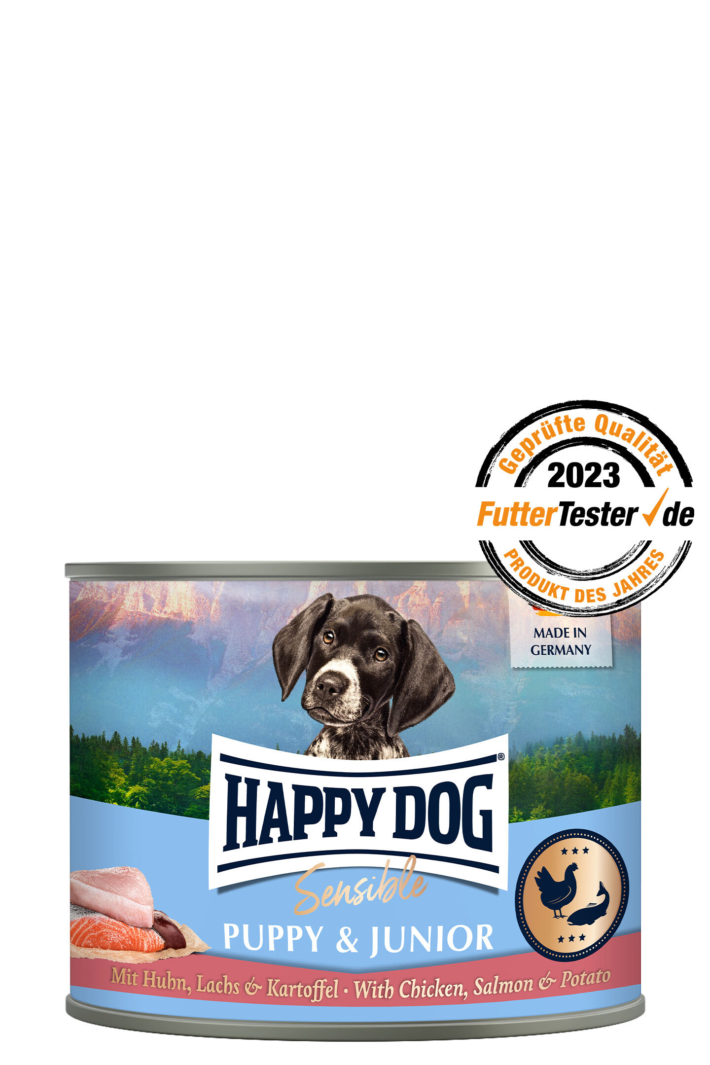 Sensible Puppy & Junior - Huhn, Lachs & Kartoffel Hundewelpen-Dose der Marke Happydog mit einem schwarzen Welpen auf blauem Hintergrund, daneben Siegel „Geprüfte Qualität 2023", Text: "Mit Huhn, Lachs & Kartoffel".