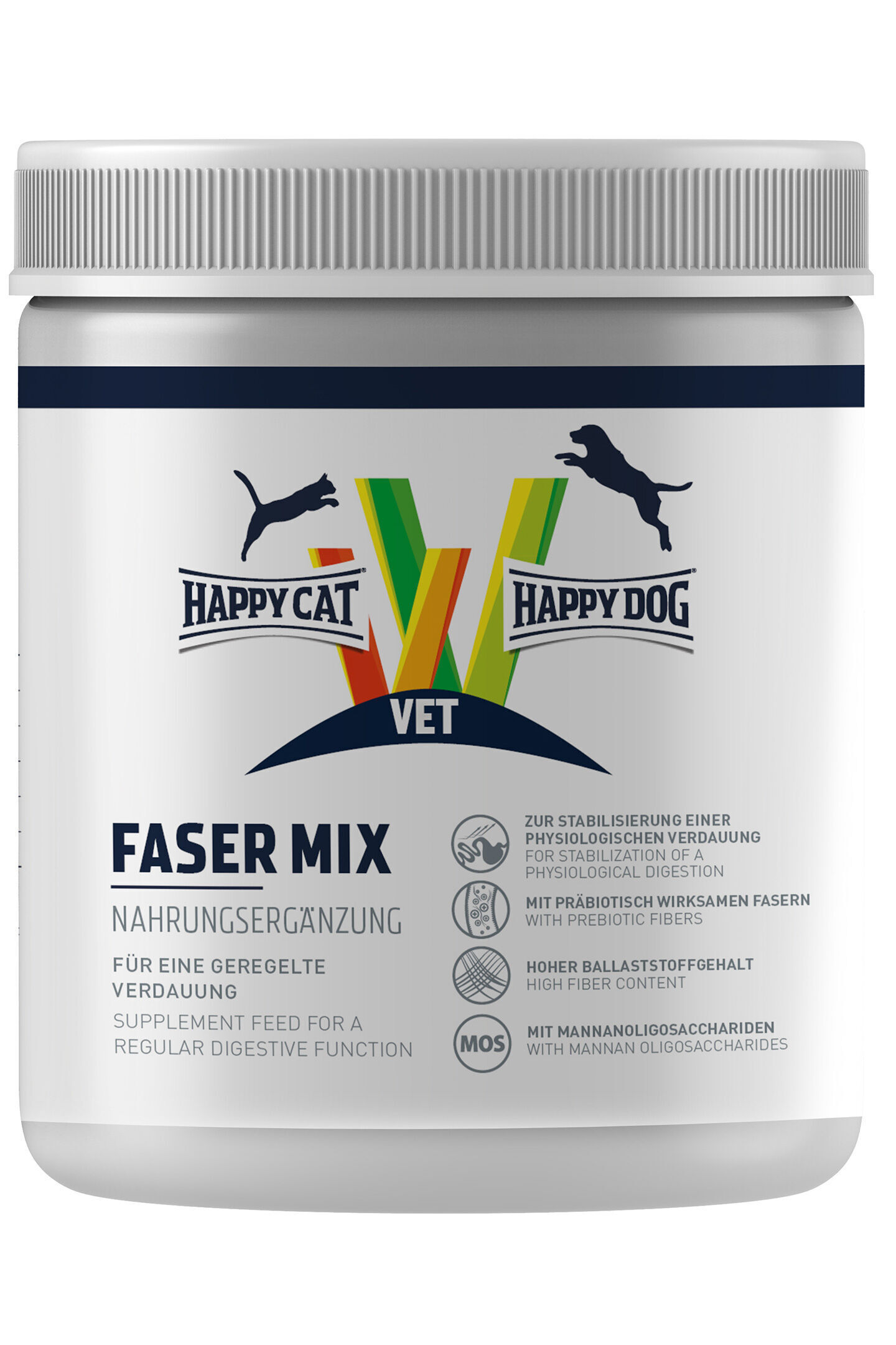 VET Faser Mix Behälter mit der Aufschrift "Happy Dog, Happy Cat VET Faser Mix Nahrungsergänzung", unterstützt geregelte Verdauung, enthält präbiotische Fasern und Ballaststoffe.