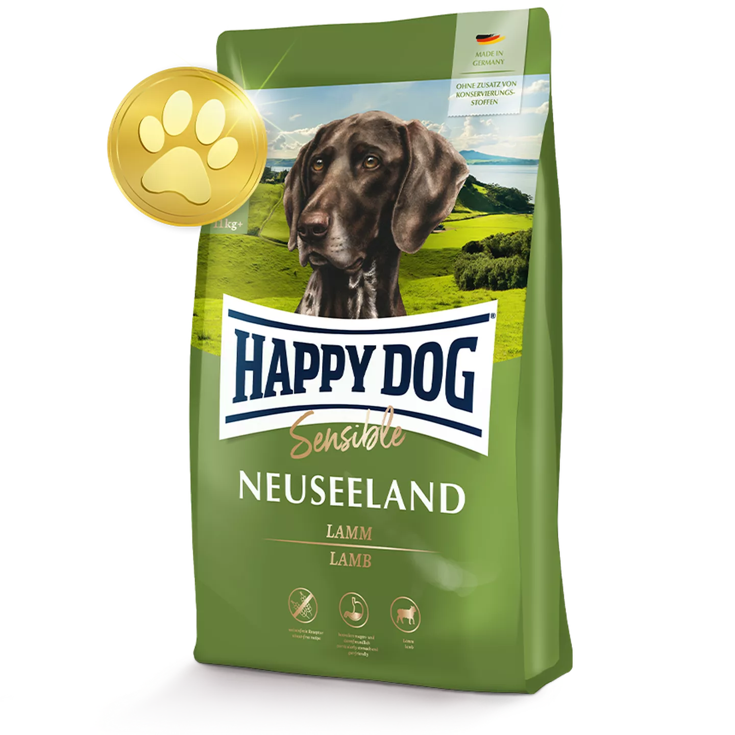 Darstellung der Produktverpackung von Happy Dog Sensible in der Sorte Neuseeland. Ein Treuepunkt bei Happy Dog ist beigefügt.