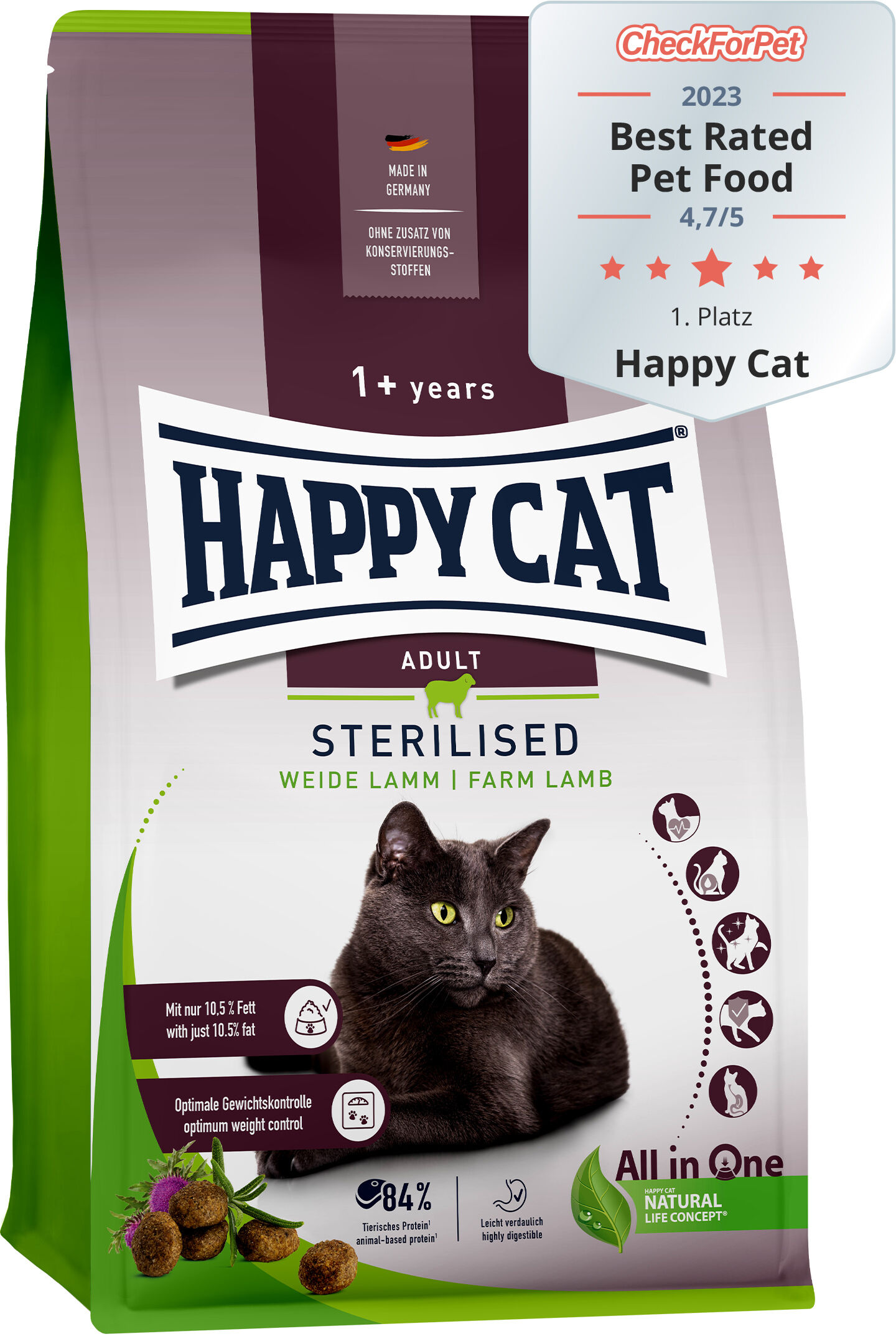 Verpackung von Happy Cat Katzenfutter für sterilisierte erwachsene Katzen mit Weidelammgeschmack. Enthält Siegel „Best Rated Pet Food 2023“, Hinweis auf kontrolliertes Gewicht und 84% tierisches Protein.