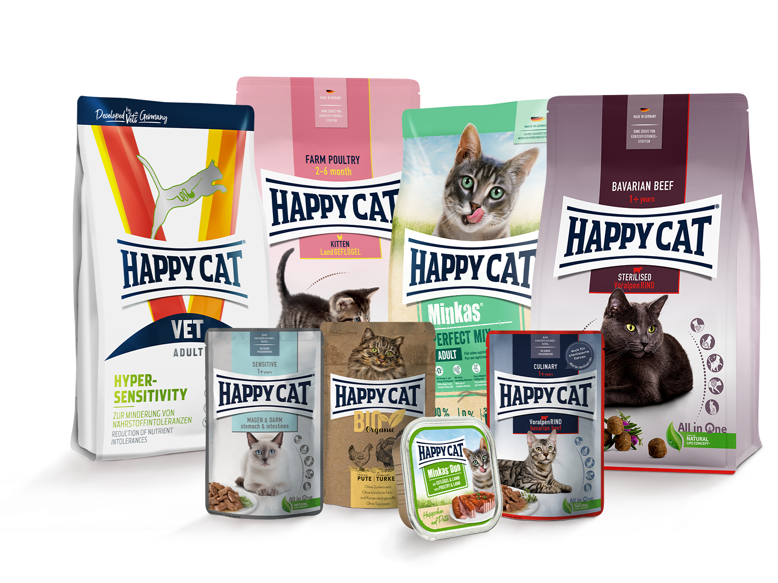 Acht unterschiedliche Futtersorten der Marke Happy Cat