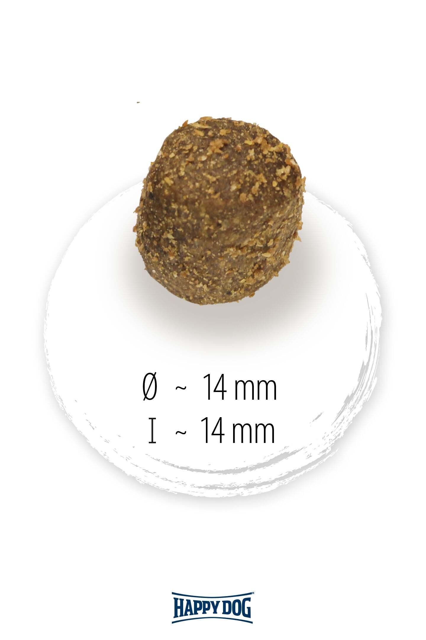Ein kugelförmiges Stück Trockenfutter mit einem Durchmesser von 14 mm wird gezeigt. Darunter steht "Ø ~ 14 mm, l ~ 14 mm". Unten das Logo von Happydog.