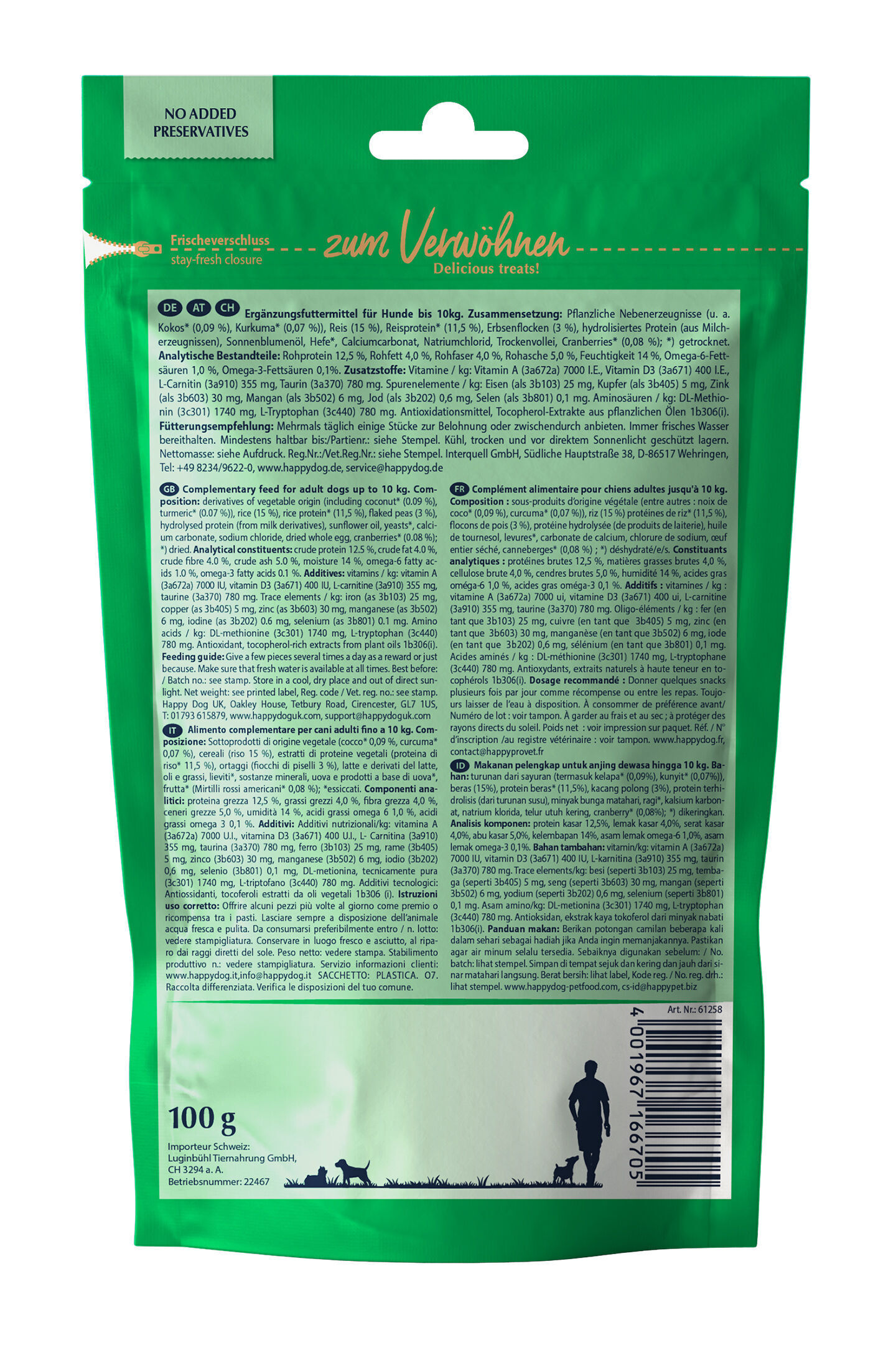 Grüne Verpackung mit Text in mehreren Sprachen, Angaben zu Inhaltsstoffen und Fütterungsempfehlungen für Happydog-Hundefutter. Gewicht: 100g. Enthält Frischeverschluss und Kontaktinformationen.