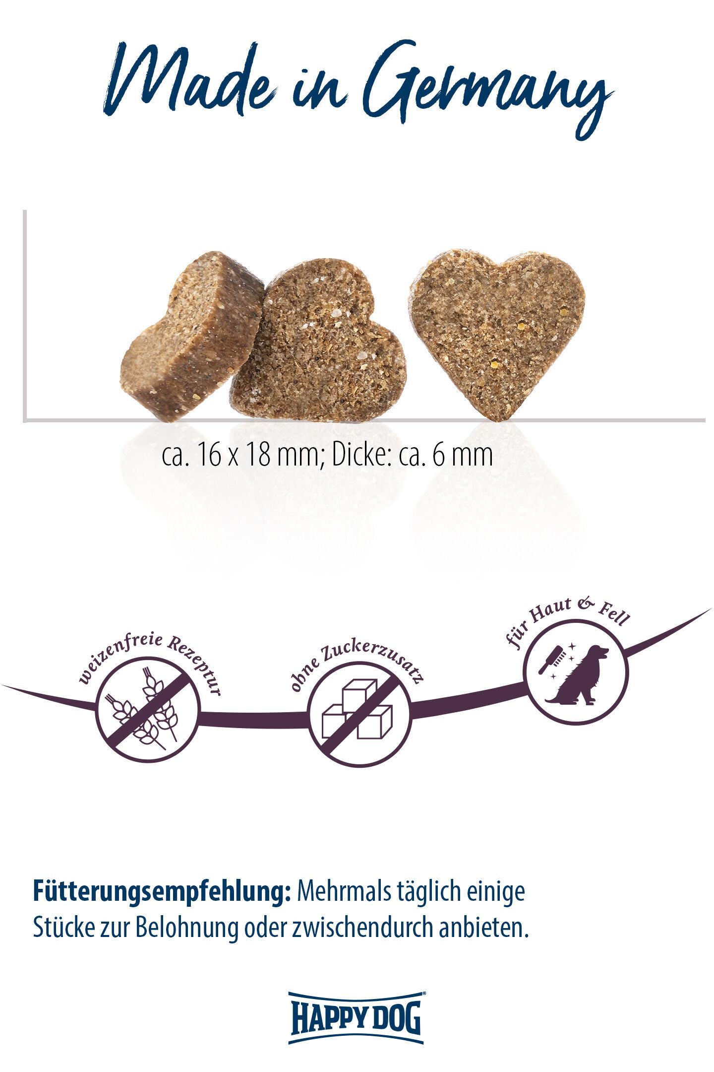 Herzförmige Hunde-Leckerlis, weizenfrei und ohne Zuckerzusatz. Text: „Made in Germany“, „Fütterungsempfehlung: Mehrmals täglich einige Stücke...“ Marke: Happydog. Symbole für Rezeptur und Pflege.