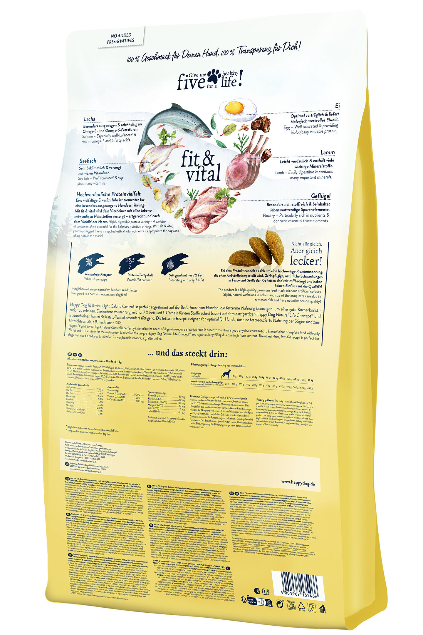 Eine Verpackung für Hundetrockenfutter von "Happydog" zeigt hochwertige Zutaten und Nährwerte. Text beschreibt Zusammensetzung und Fütterungsempfehlungen. Design ist informativ und ansprechend gestaltet.