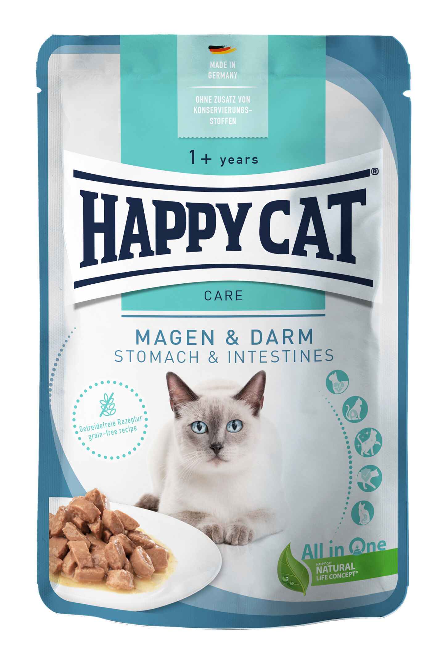 Verpackung für Happydog Katzennahrung mit Aufschrift „Magen & Darm“, zeigt ein Katzenbild und Futterstückchen auf Teller. Text: „Made in Germany“, „Ohne Zusatz von Konservierungsstoffen“, „Getreidefreie Rezeptur“.