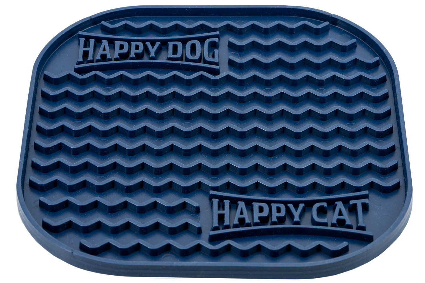 Rechteckige, blaue Lickmatte mit wellenförmigem Muster, trägt die Beschriftungen "HAPPY DOG" und "HAPPY CAT". Geeignet für Haustiere zur Beschäftigung und stressfreien Fütterung.