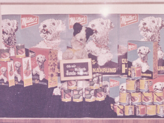 Antiques Plakat mit Müllers Hundenahrung darauf abgebildet