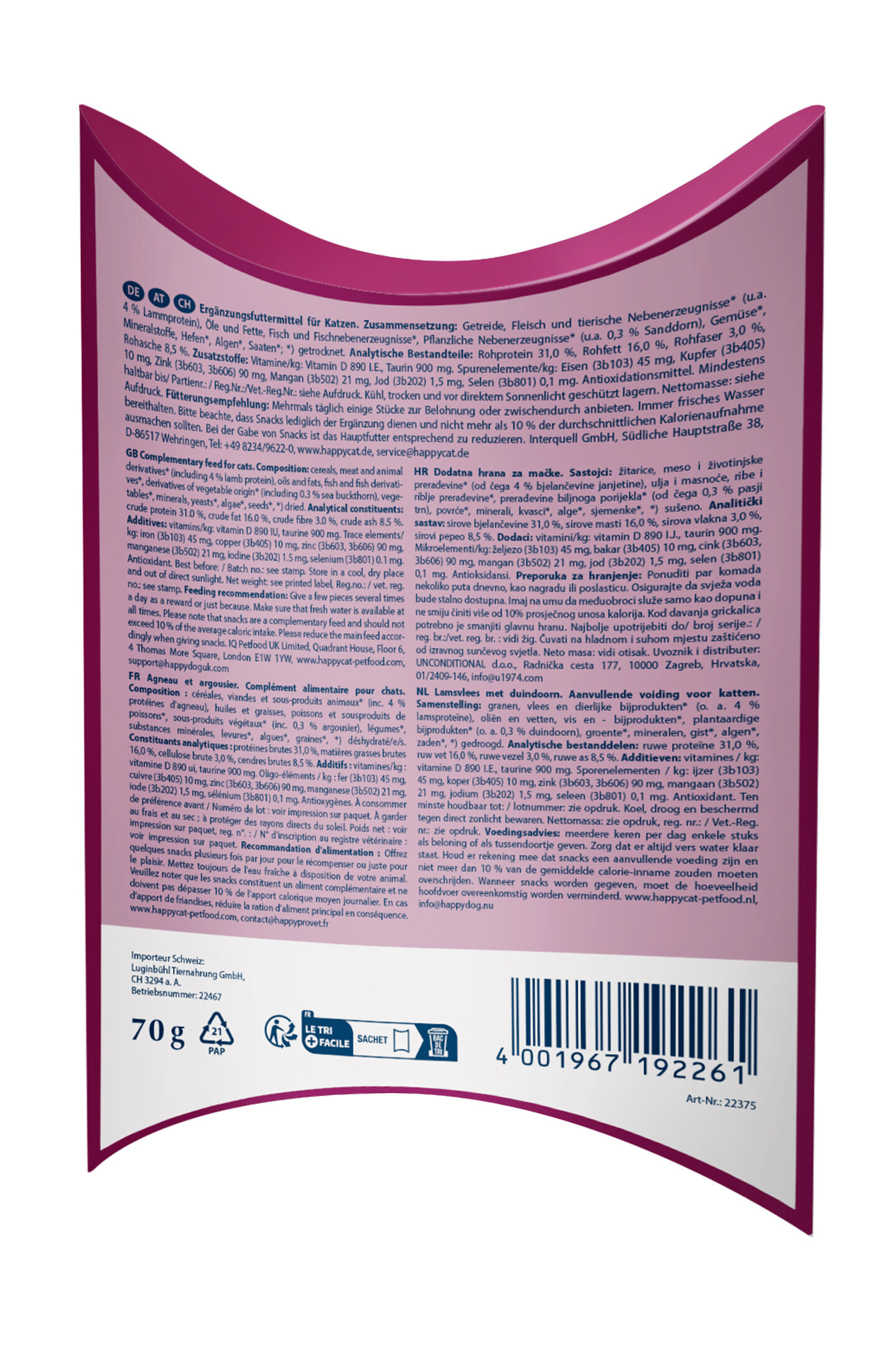 Rückseite der Verpackung des Valentinsnacks von Happy Cat