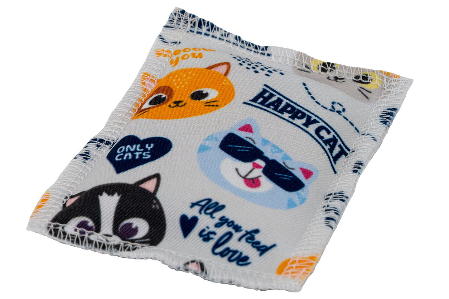 Schmusekissen Kissenförmiges Stoffspielzeug mit Katzenmotiven und Schriftzügen: "HAPPY CAT", "ONLY CATS", "All you feed is love", "Meow you". Farbenfrohes Design, vernähte Ränder.